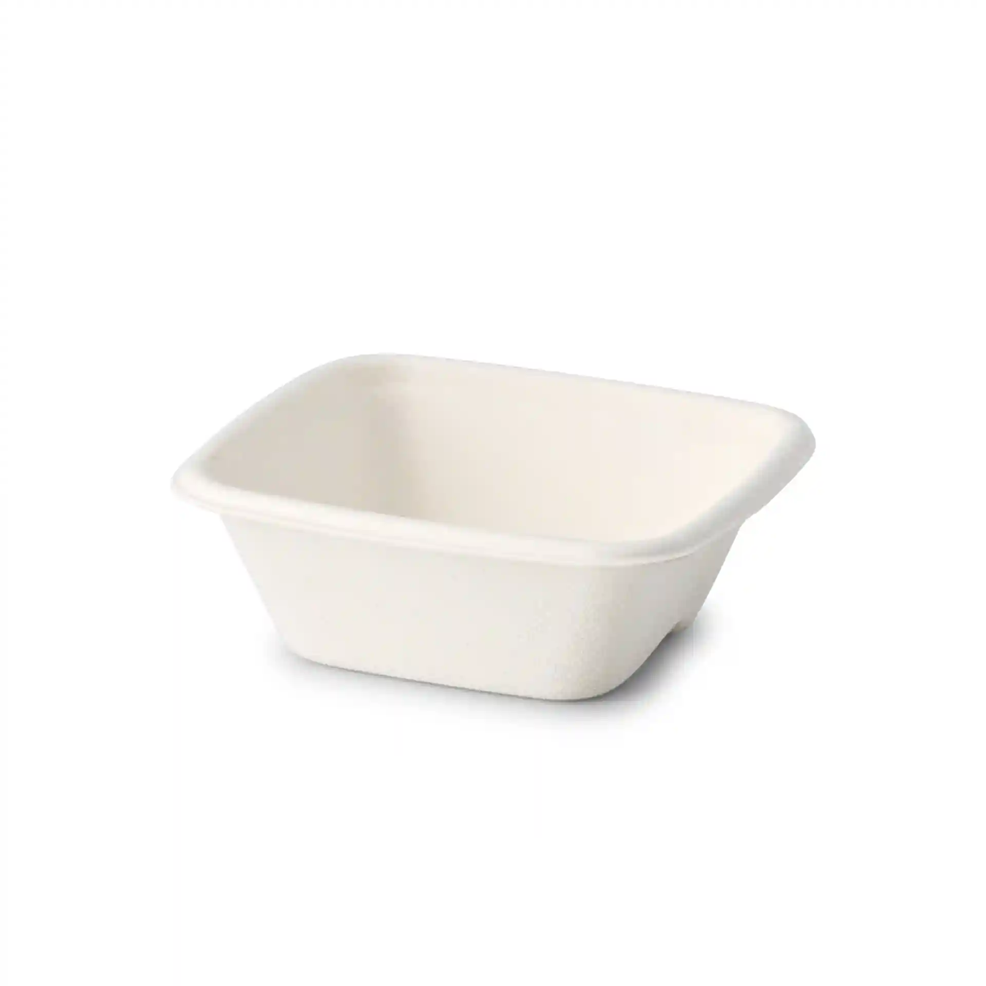Witte vierkante beker van suikerriet, 81 x 81 x 27 mm, met een inhoud van 70 ml.