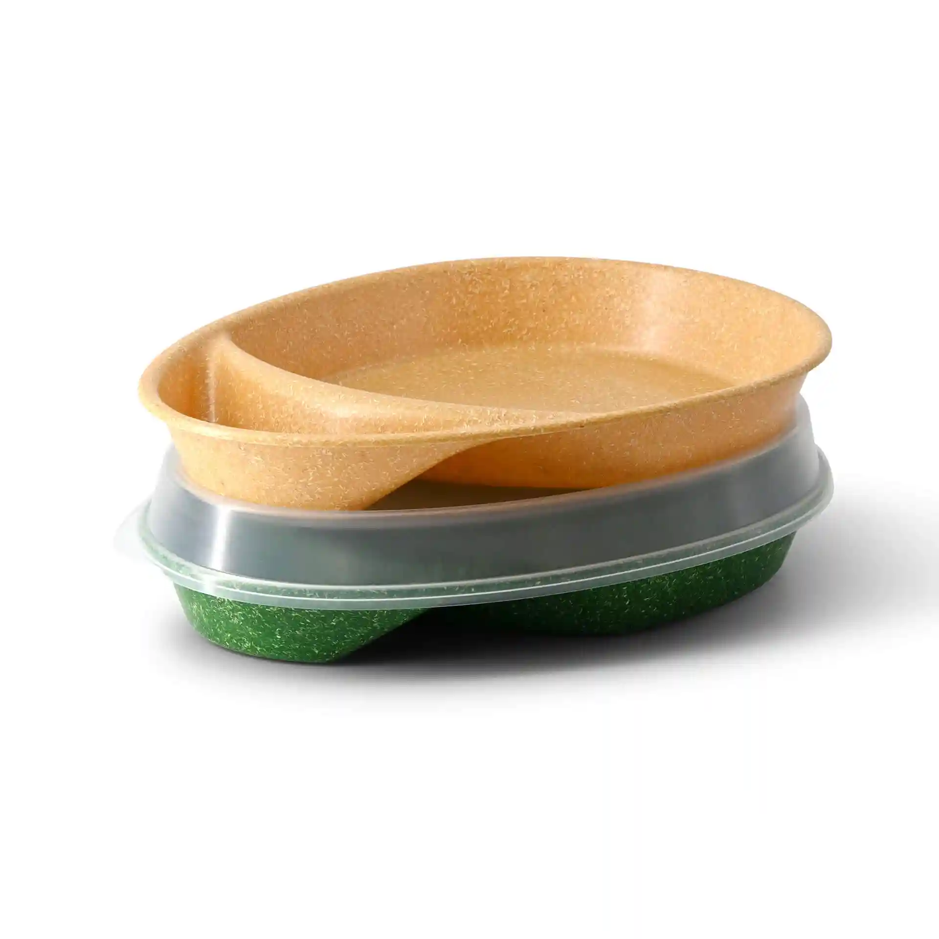 Herbruikbaar verdeeld bord met twee compartimenten, karamelbruine kleur, afmetingen 27,5 × 20 × 3,5 cm.