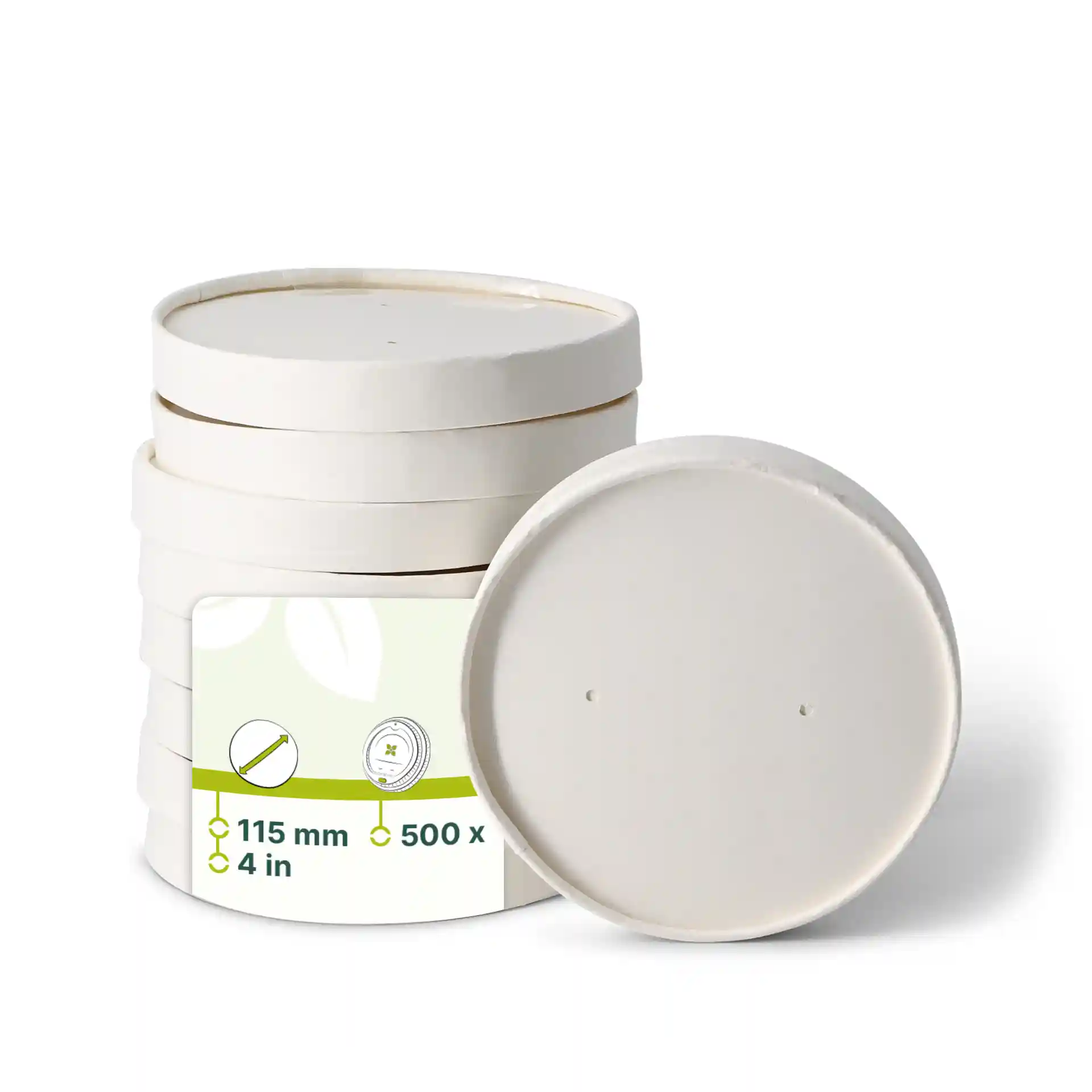 Stapeltje witte kartonnen membraan deksels, 115 mm in diameter, met een label met productdetails.