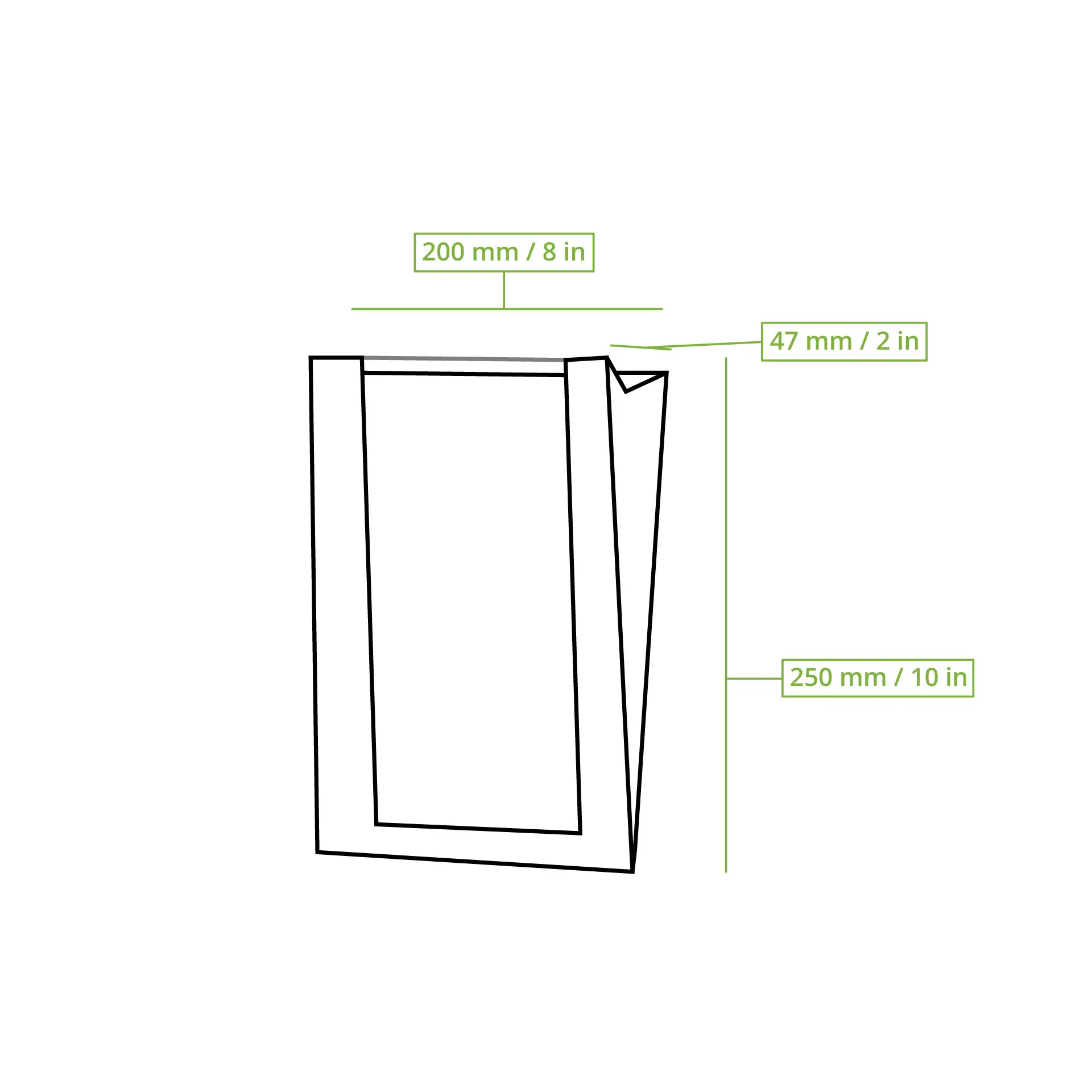 Plat bruin papieren broodzak met een transparant PLA-raam; afmetingen 200 mm x 250 mm, geschikt voor diverse bakwaren.