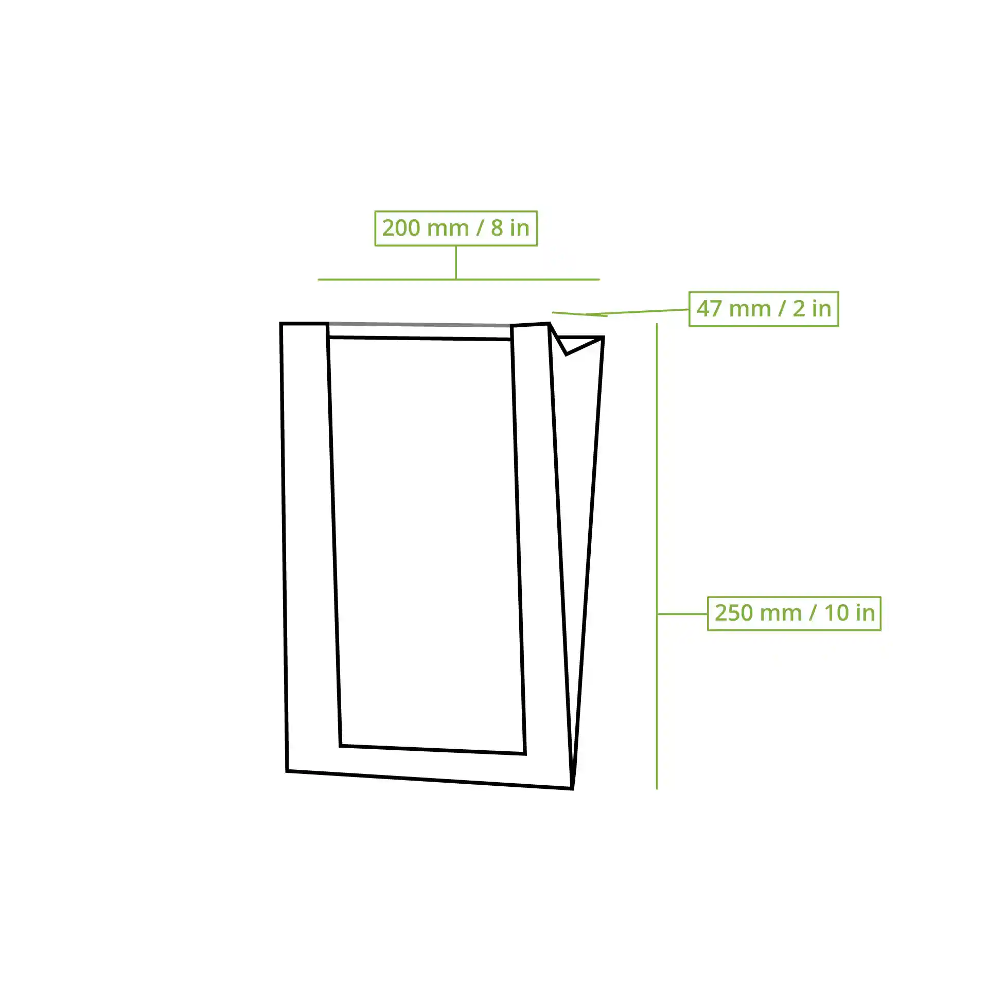 Schematische tekening van een platte papieren broodzak met gelabelde afmetingen: 200 mm lengte, 250 mm hoogte en 50 mm breedte.