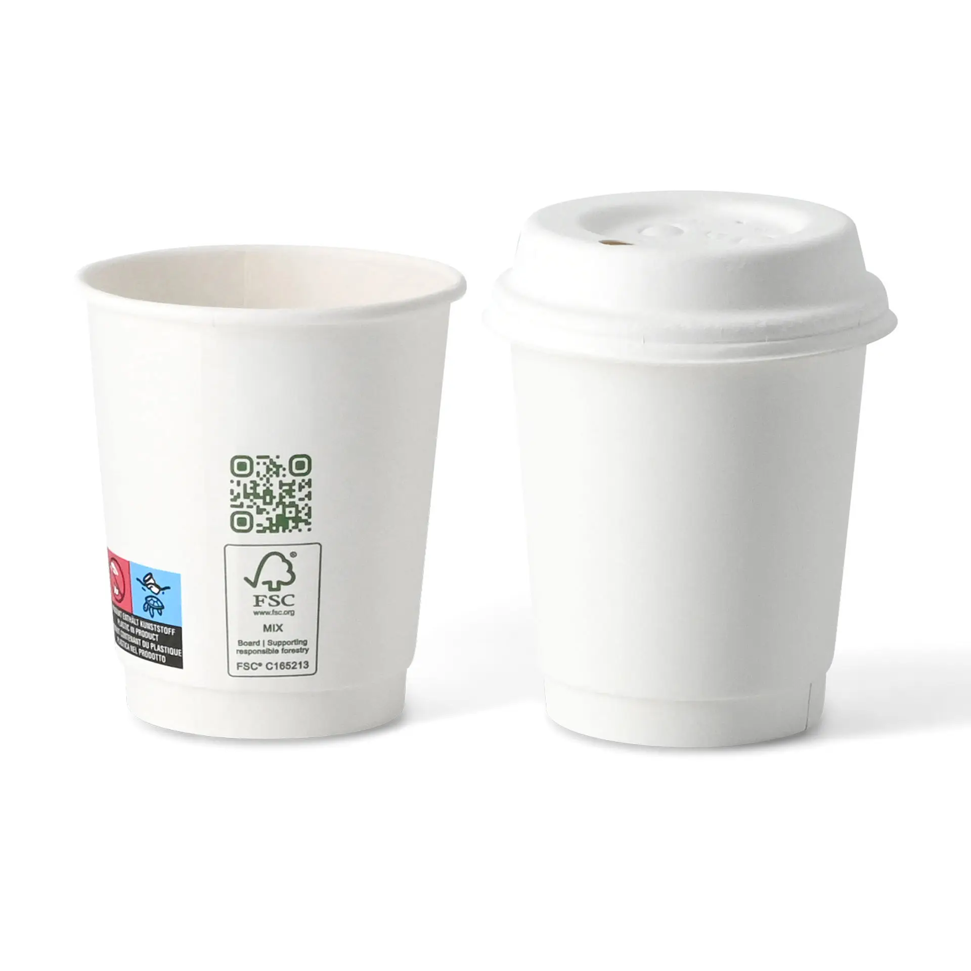 Witte dubbelwandige beker met deksel, 200 ml inhoud, 90 mm hoogte en 80 mm diameter.