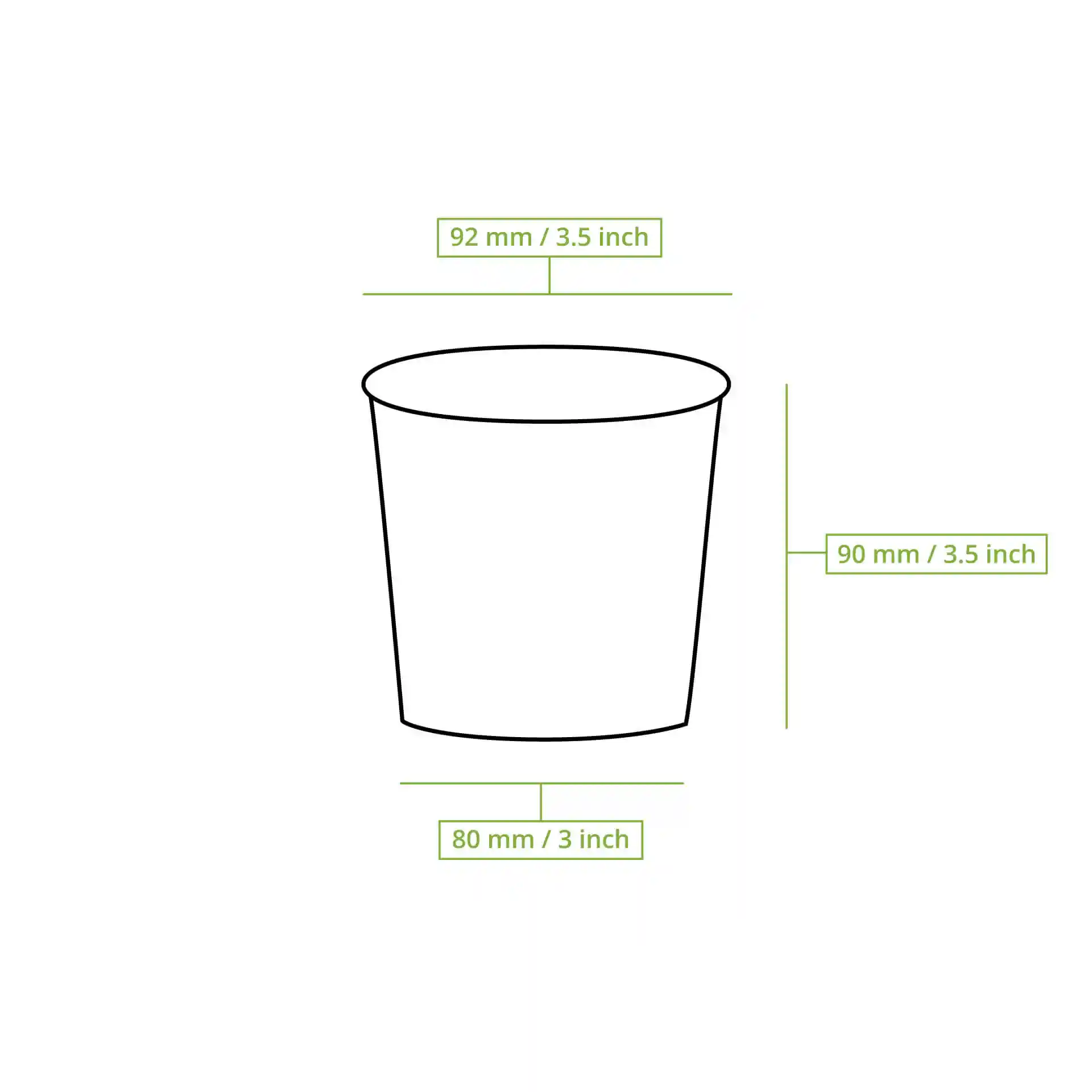 Schematische tekening van een ronde papieren ijsbeker met afmetingen: hoogte 90 mm, bovenste diameter 92 mm, basisdiameter 80 mm.