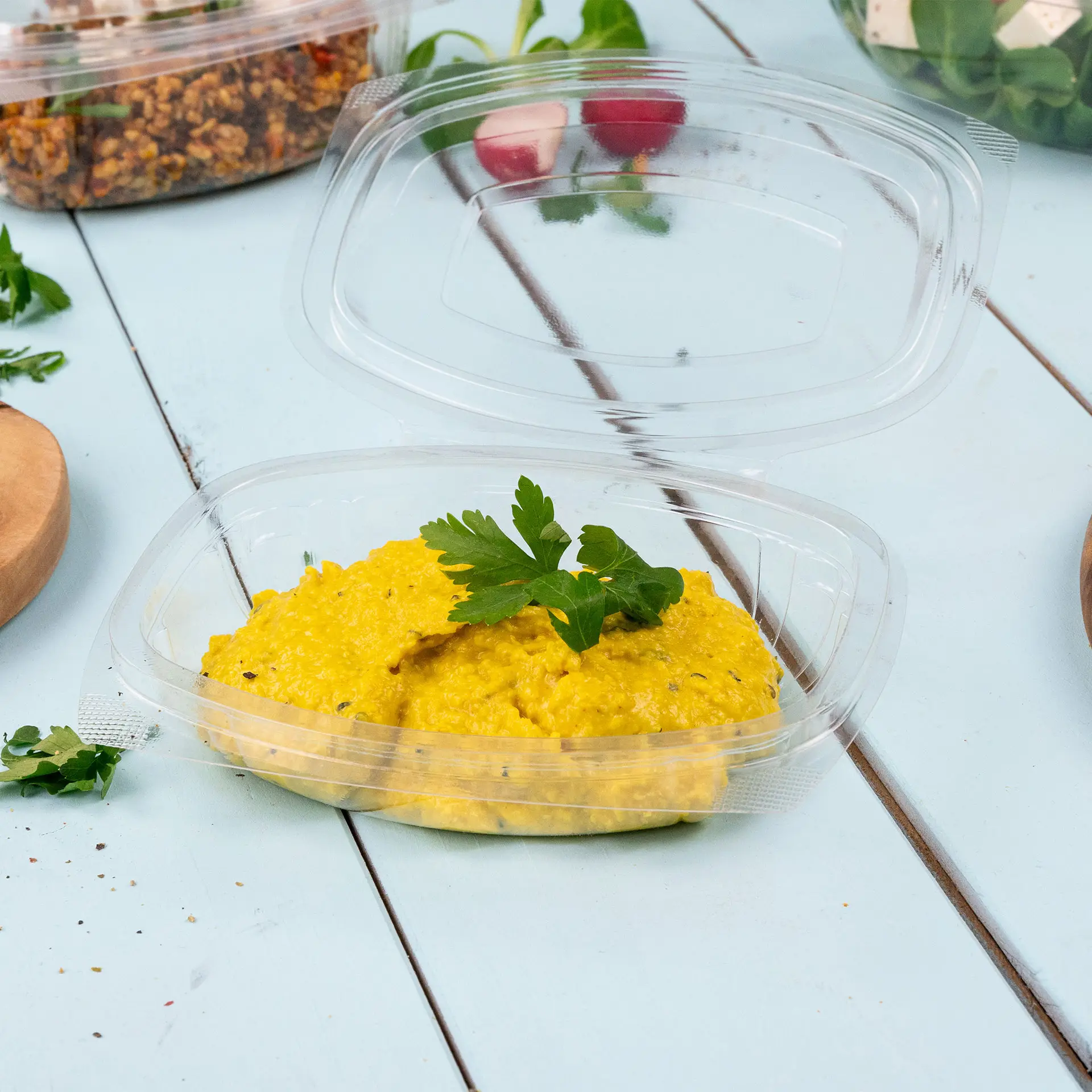 PLA deli kommen 250 ml, klapdeksel, rechthoekig PLA deli kommen 250 ml, klapdeksel, rechthoekig