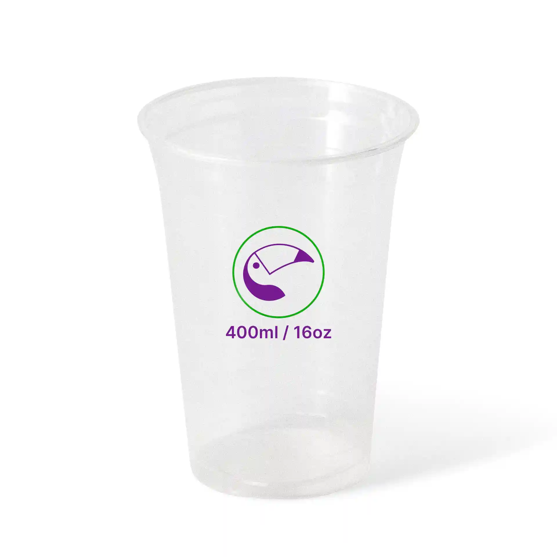 Heldere plastic beker met een inhoud van 400 ml, met een groen en paars meetsymbool.
