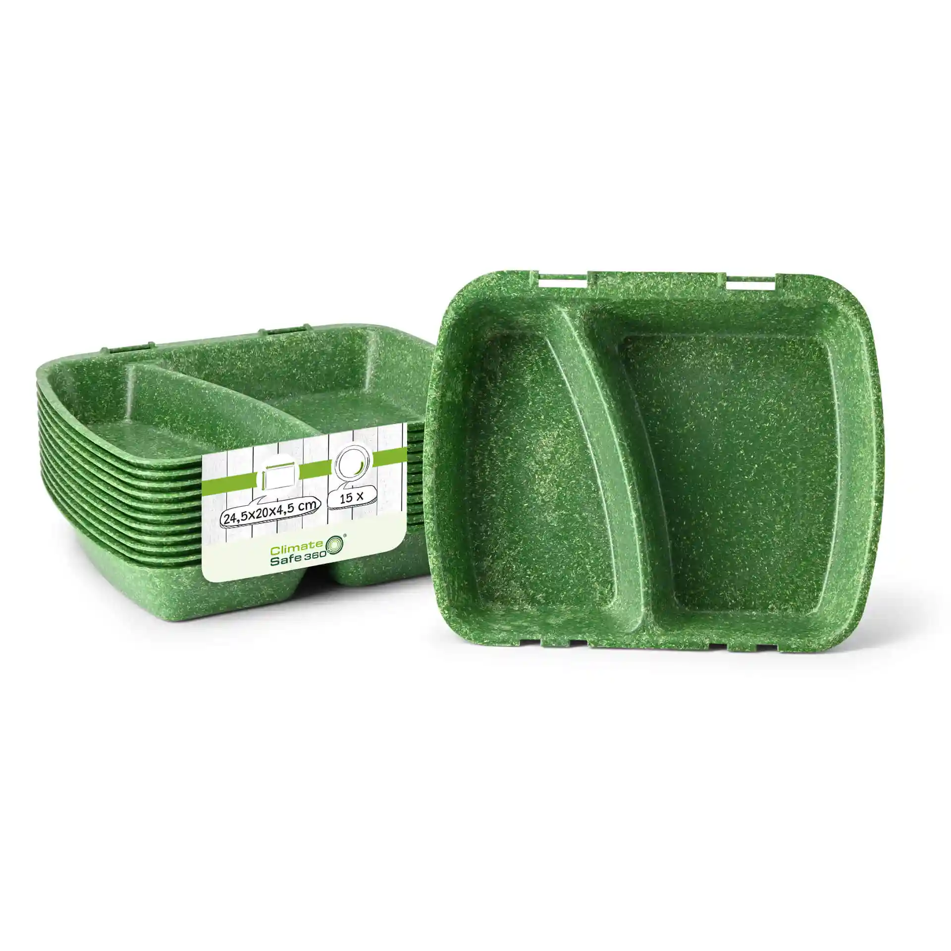 Stapeltje groene herbruikbare maaltijdcontainers met twee compartimenten, elk 24,5 x 20 x 4,5 cm groot.