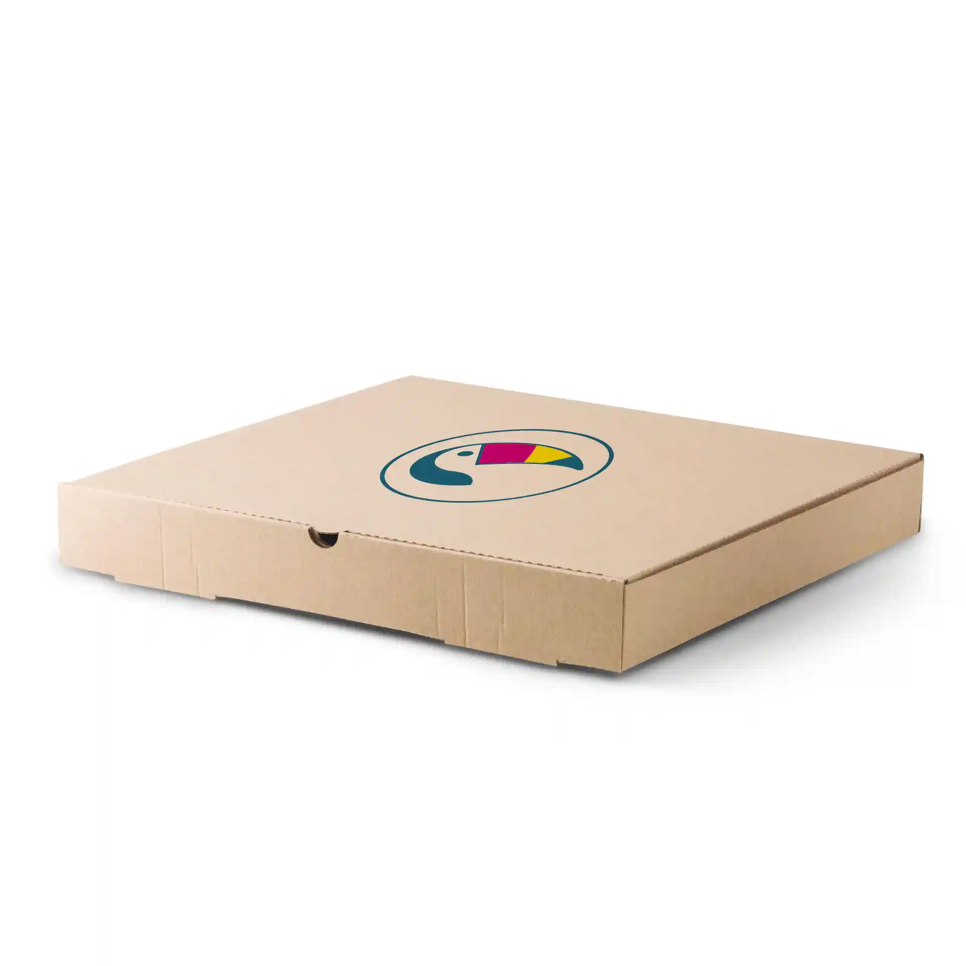 Bruine pizzadoos met een rond logo met een kleurrijk toekandesign, 32 x 32 x 4 cm groot.