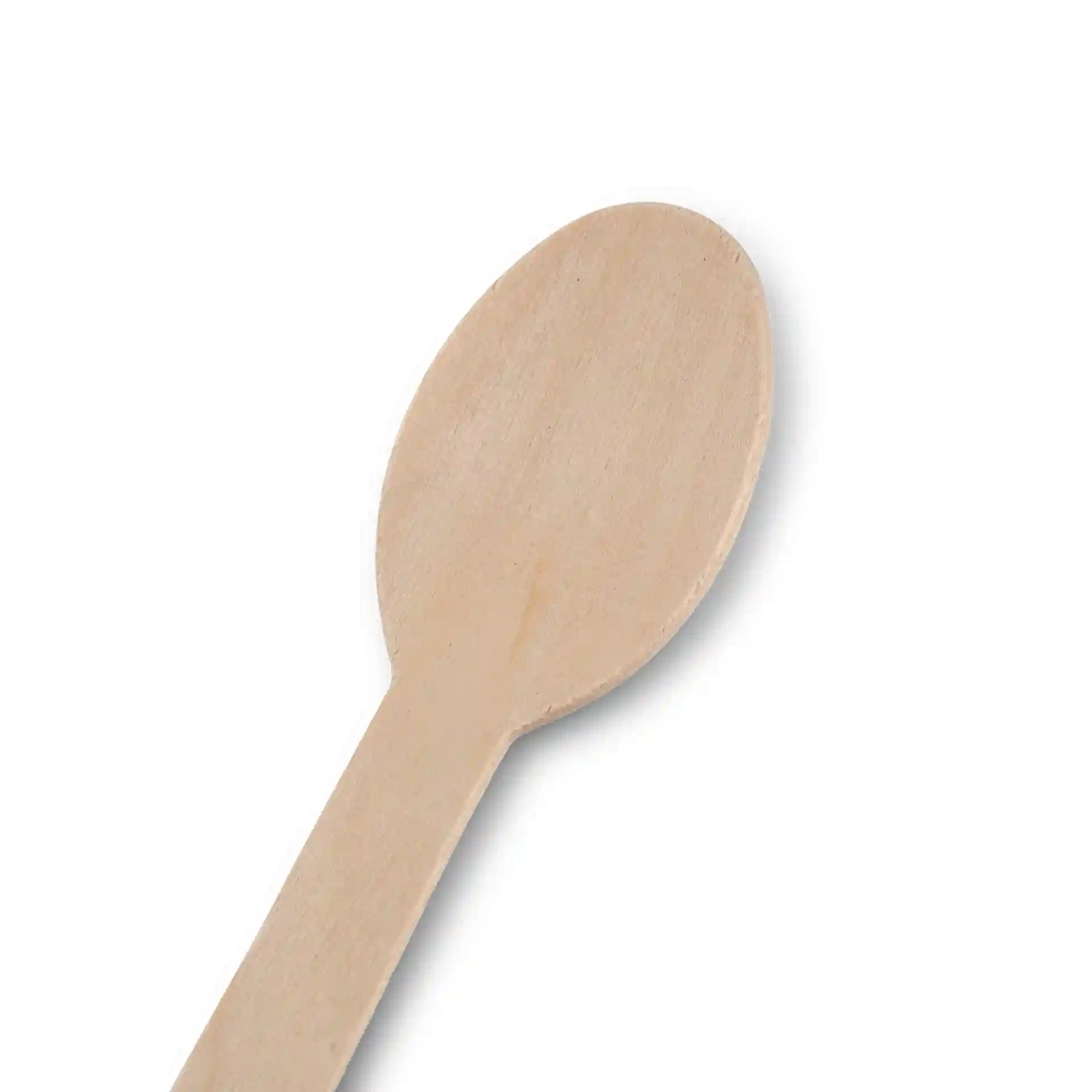 Houten lepel met een afgeronde punt, ongeveer 16 cm lang, gemaakt van bruin hout met een bio-coating.