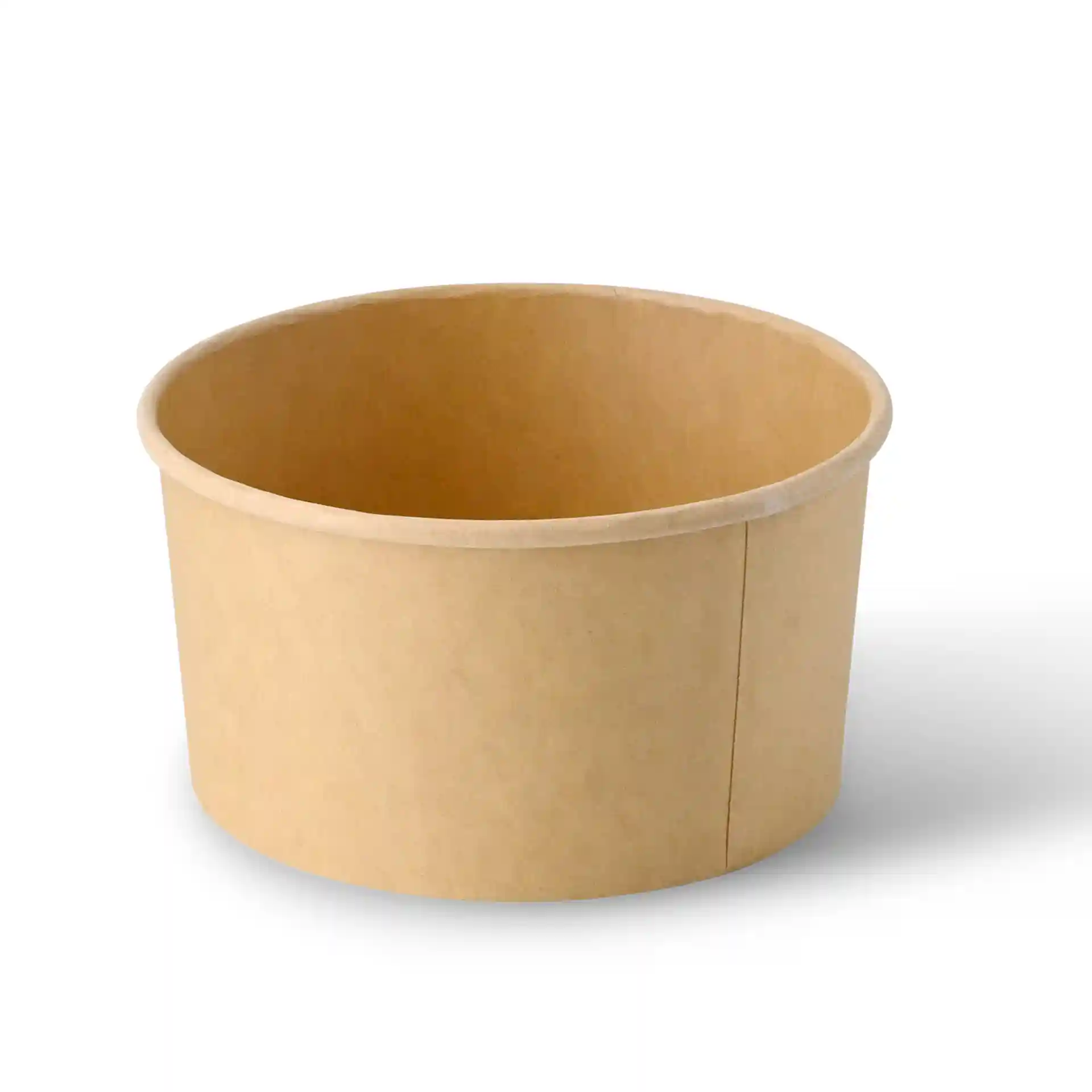Bruine kartonnen kom met een ronde vorm, 150 mm diameter en 75 mm hoogte. Geschikt voor verschillende voedingsmiddelen.
