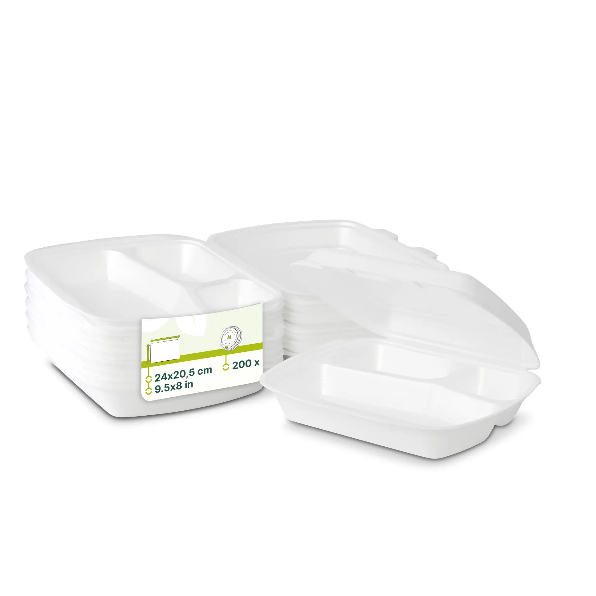 Witte plastic voedselcontainers met deksels, 24x20,5 cm, gestapeld met meerdere zichtbare containers.