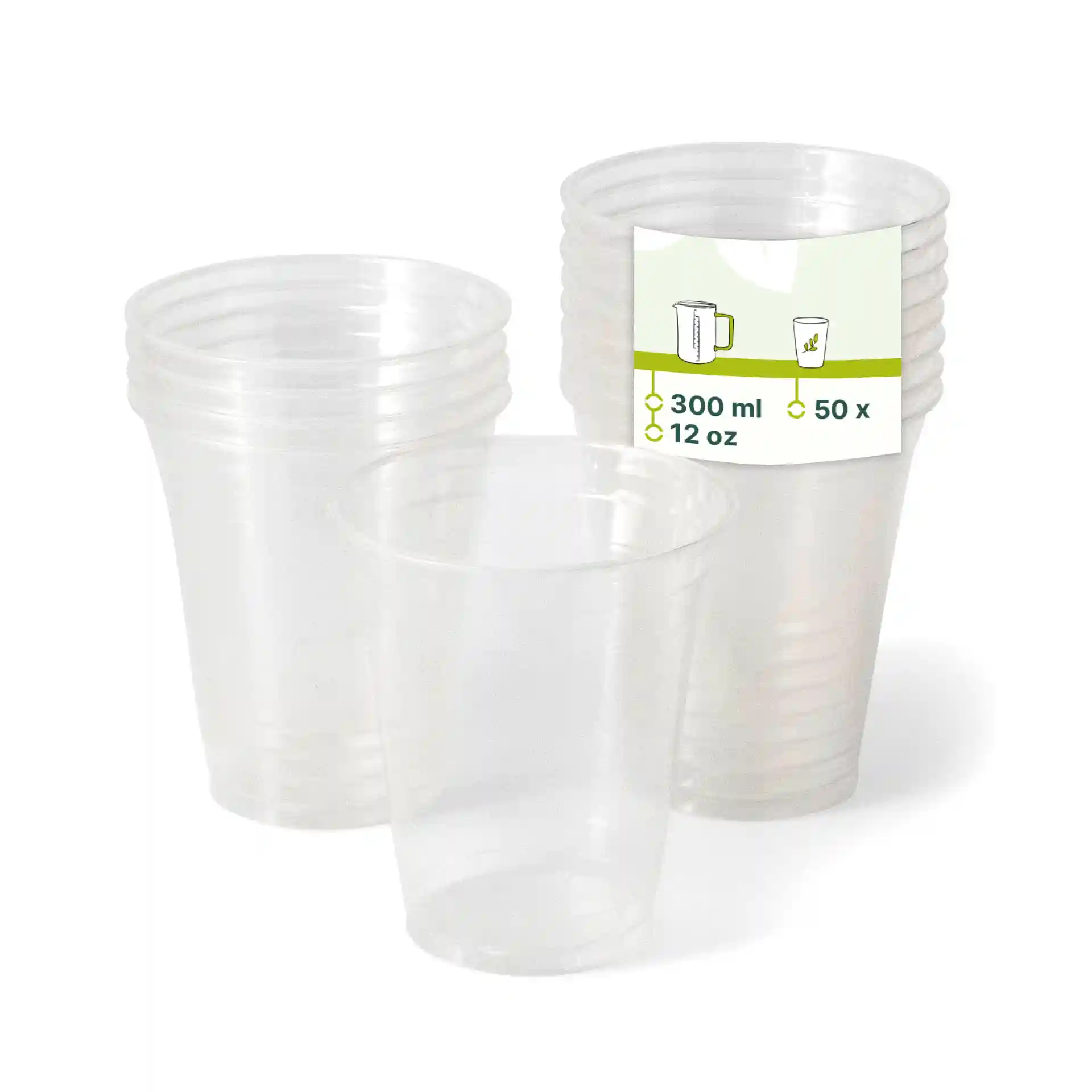 Transparante plastic bekers gestapeld, met één beker vooraan en een label met 300 ml en 50 stuks.