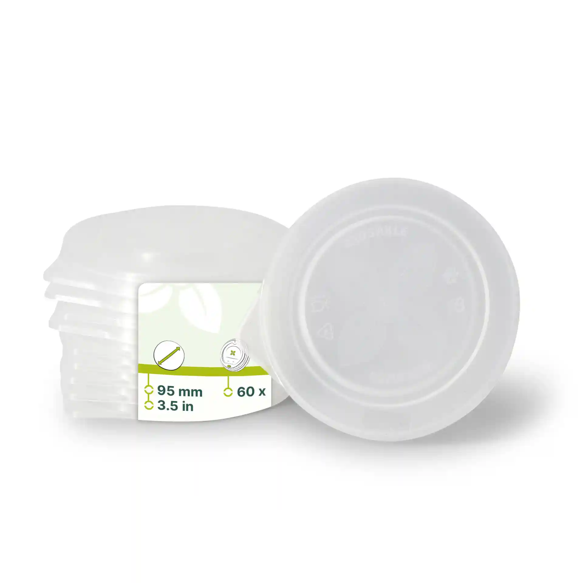 Stapeltje transparante herbruikbare deksels van PP, 95 mm diameter, met een label met productdetails.