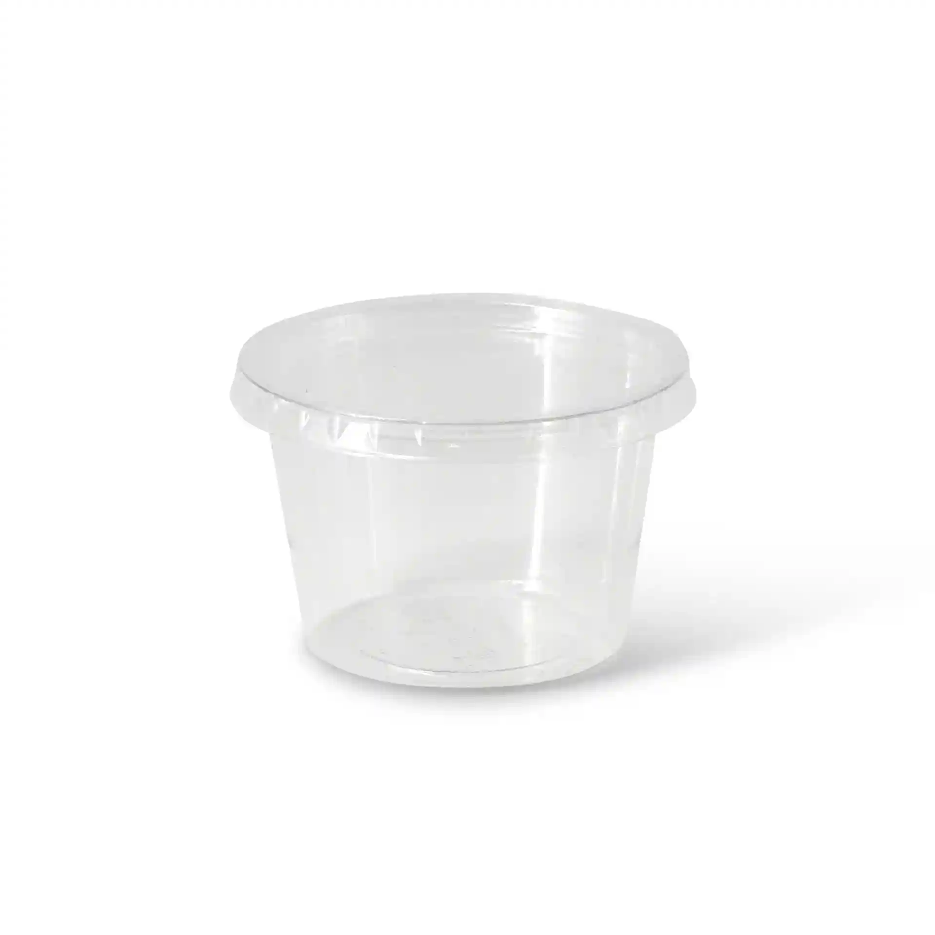 Transparante ronde beker met een diameter van 70 mm en een iets bredere bodem, gemaakt van PLA-materiaal.