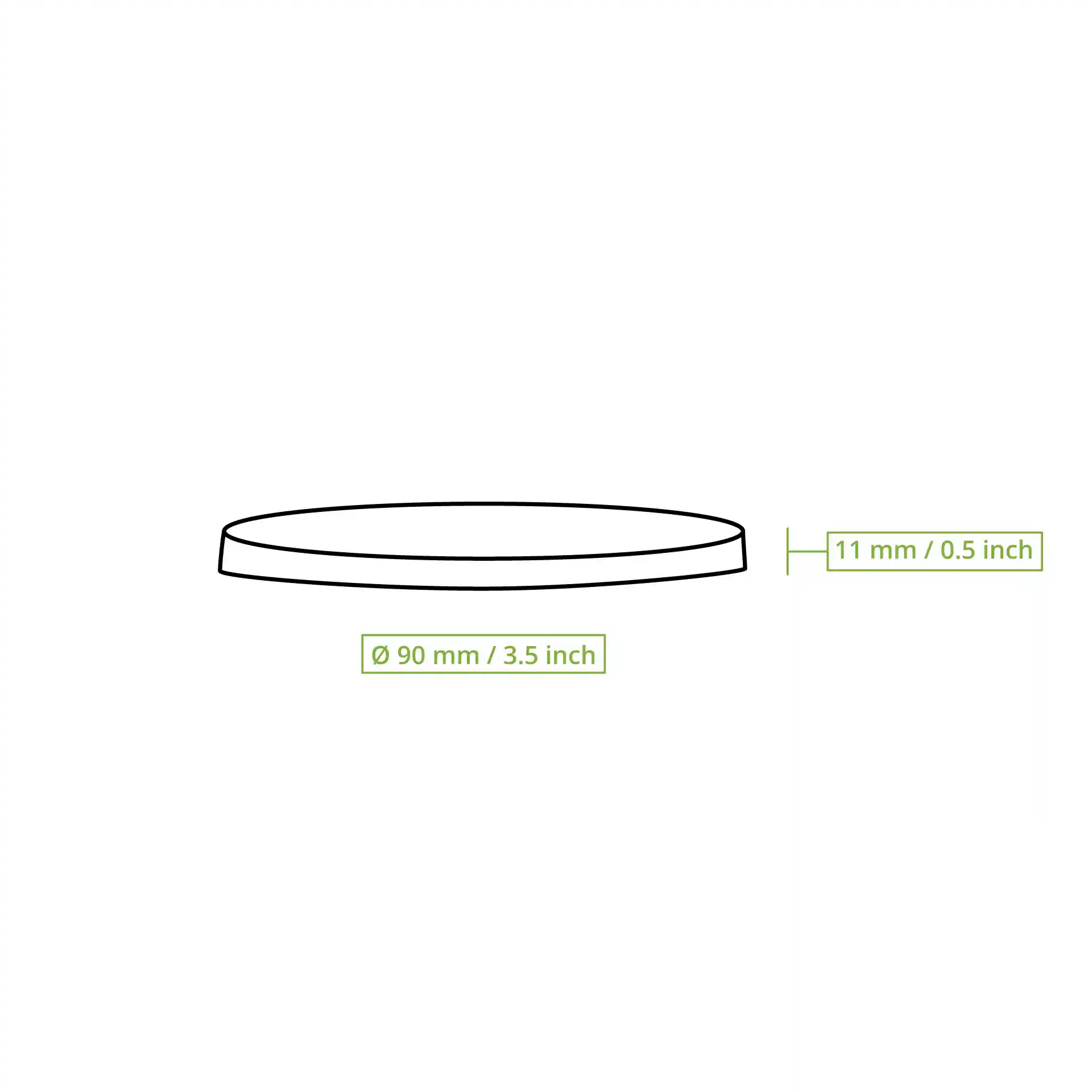 Schematische tekening van een wit papieren deksel met een diameter van 90 mm en een hoogte van 11 mm.