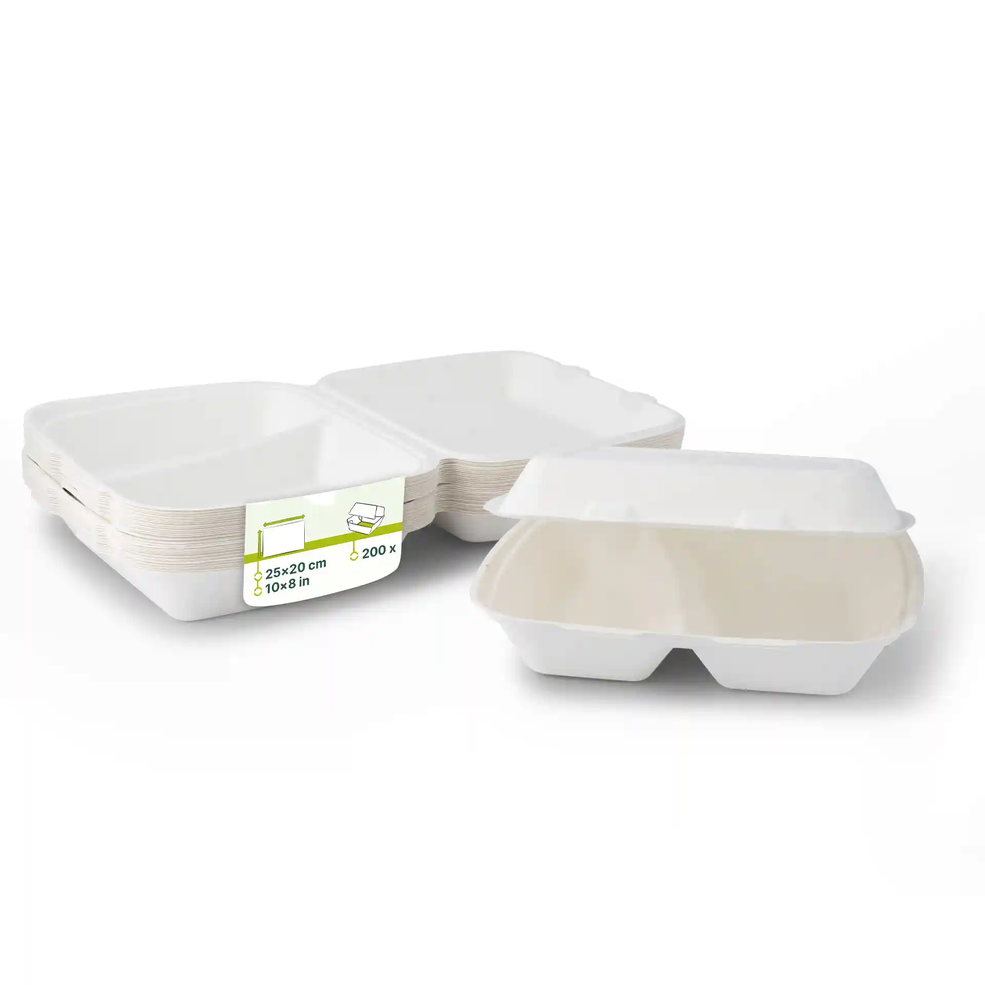 Witte rechthoekige suikerriet menucontainers met scharnierdeksels, twee compartimenten en een label met afmetingen en hoeveelheid.