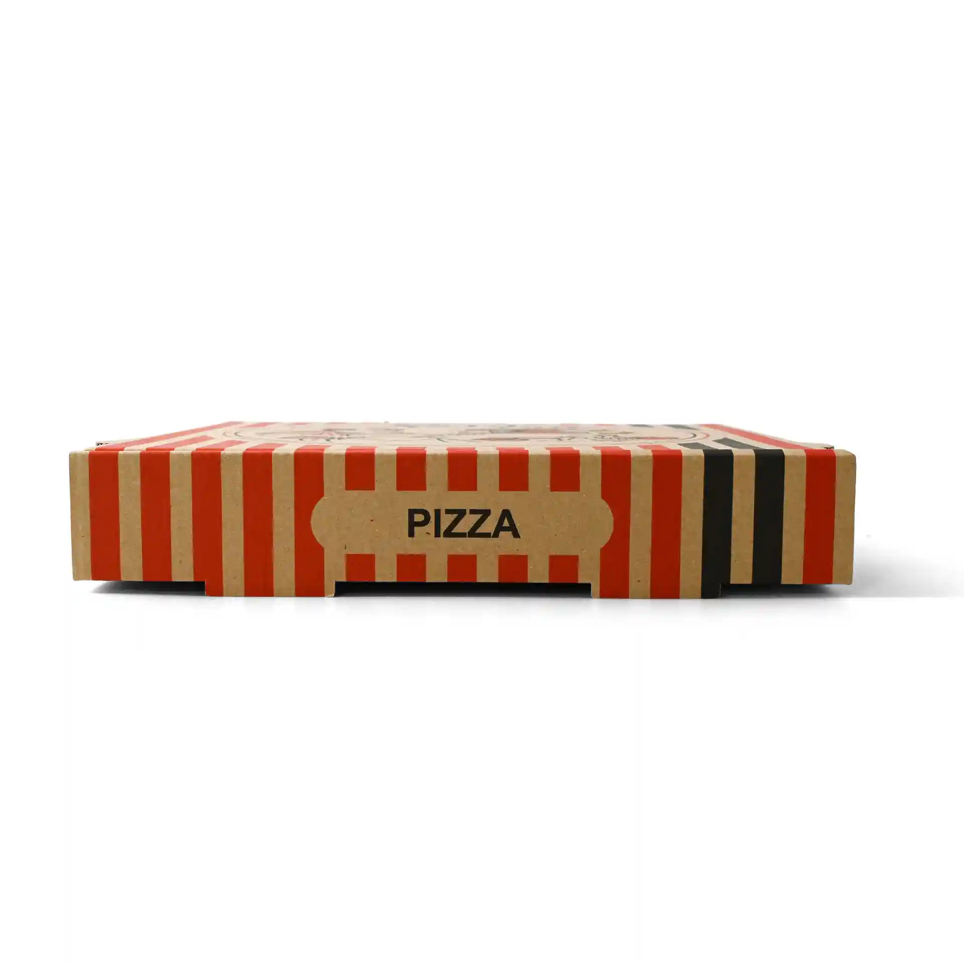 Karton pizza doos met een bruine basis en rood gestreept ontwerp, gelabeld "PIZZA", afmetingen 28 x 28 x 4 cm.