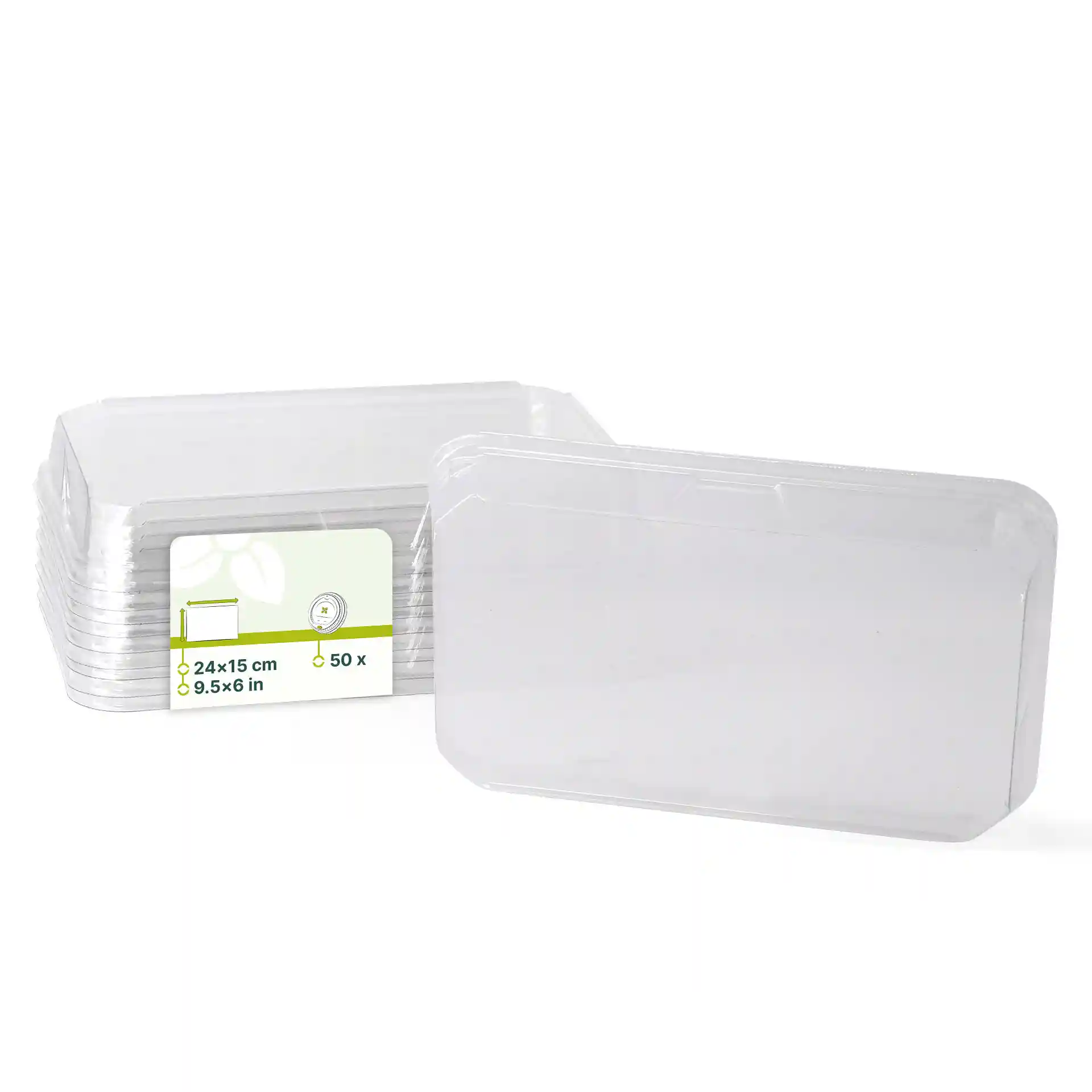 Transparante PET-deksels voor sushi-dozen, 24 x 15 cm, gestapeld met een label met afmetingen en hoeveelheid.