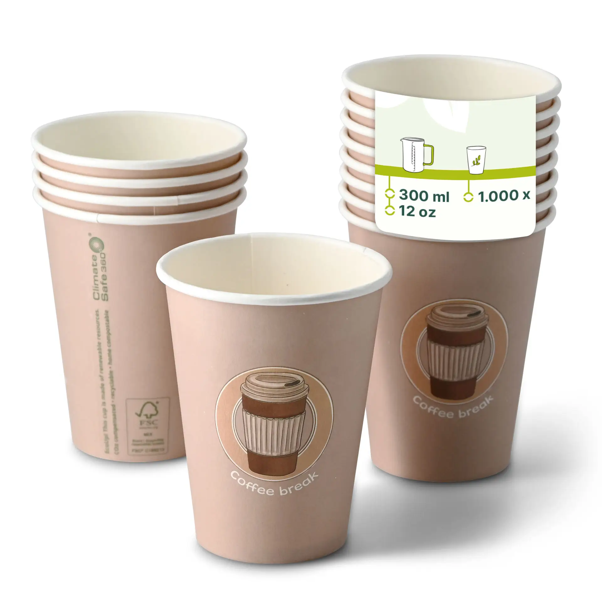 Bedrukte kartonnen bekers "Coffeebreak" 300 ml / 12 oz, Ø 80 mm, wit