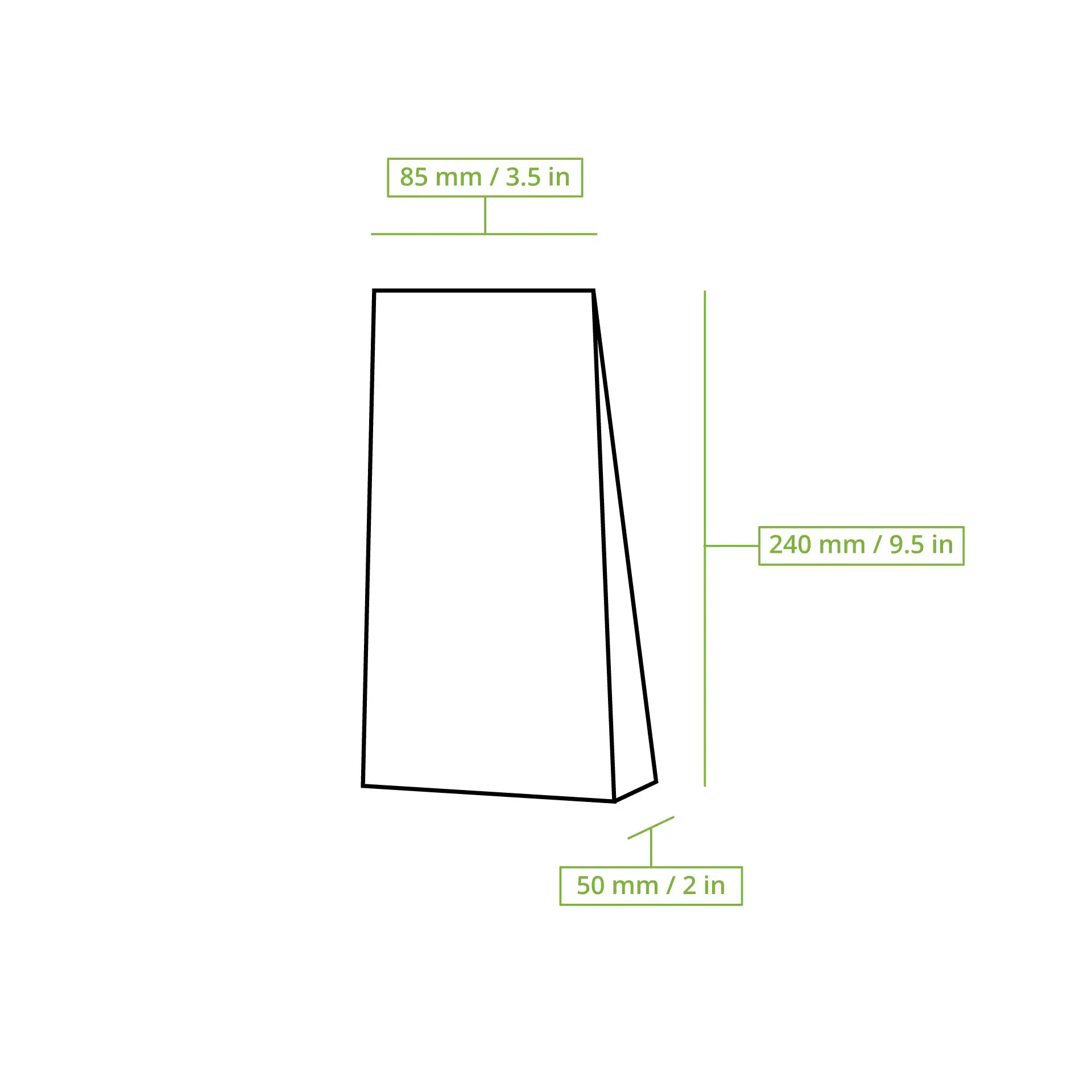 Schematische tekening van een blokbodemzak met gelabelde afmetingen: 85 mm breed, 240 mm hoog en 50 mm diep.