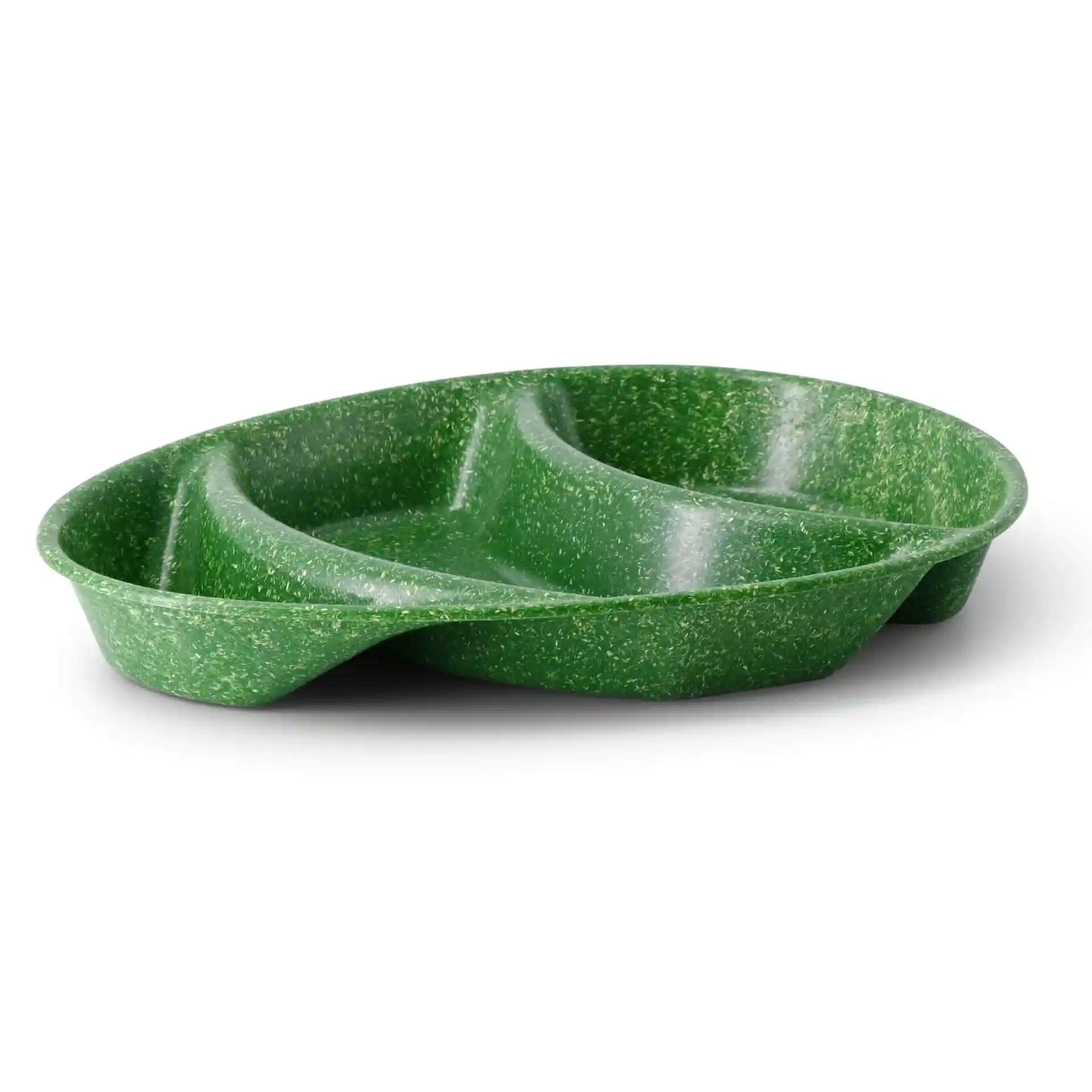 Groen herbruikbaar menu bord met drie compartimenten, druppelvorm, afmetingen 27,5 x 20 x 3,5 cm.