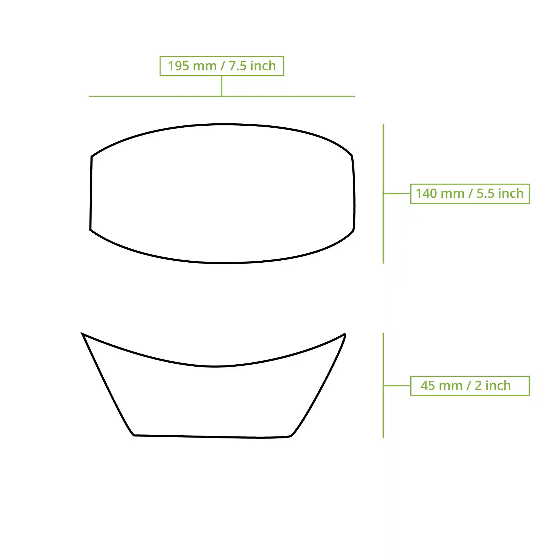 Schematische tekening van een rechthoekige snackkom met afmetingen: 195 mm lengte, 140 mm breedte en 45 mm hoogte.