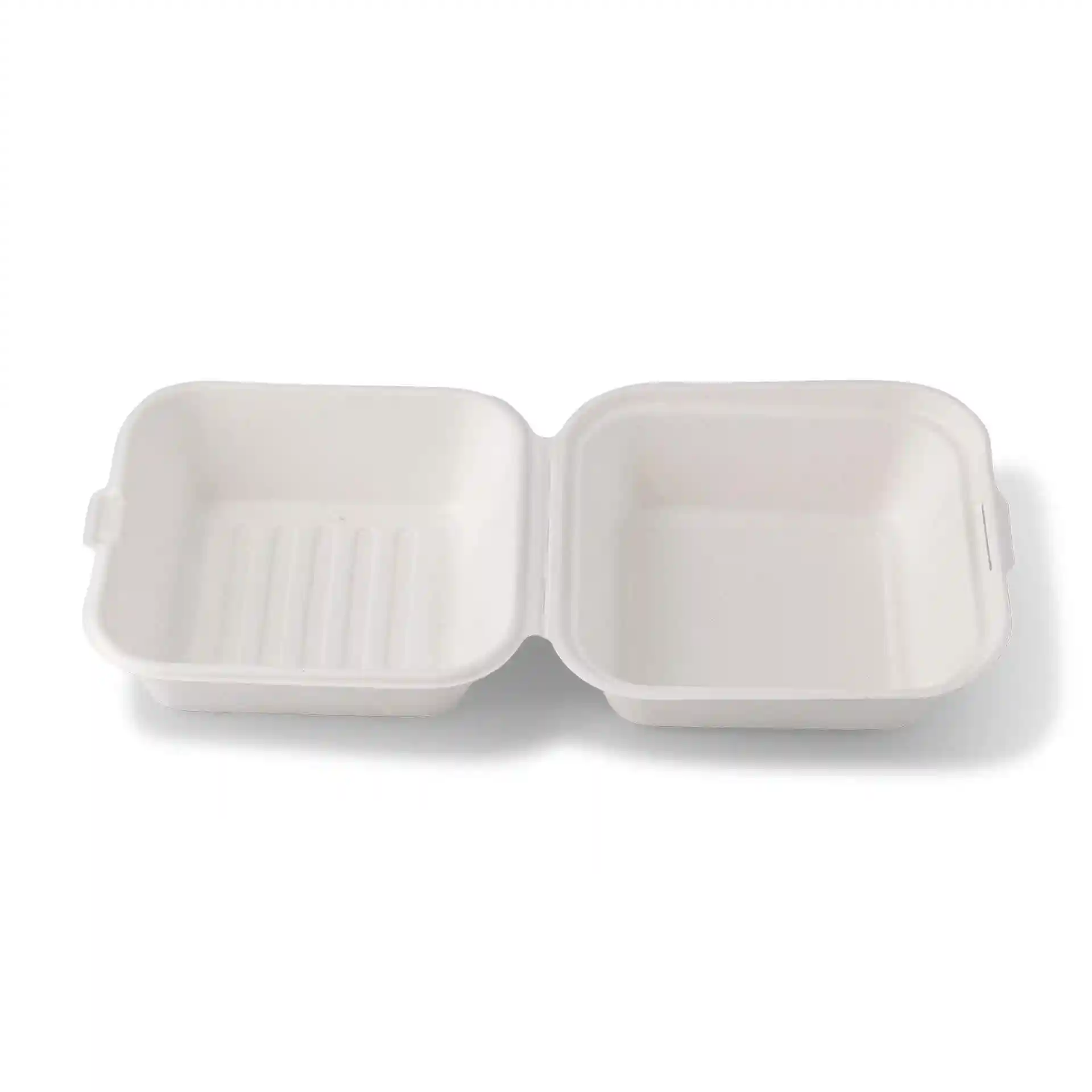 Witte suikerriet burgerdoos met twee compartimenten, één met ribbels, 15 x 15 x 8 cm groot.
