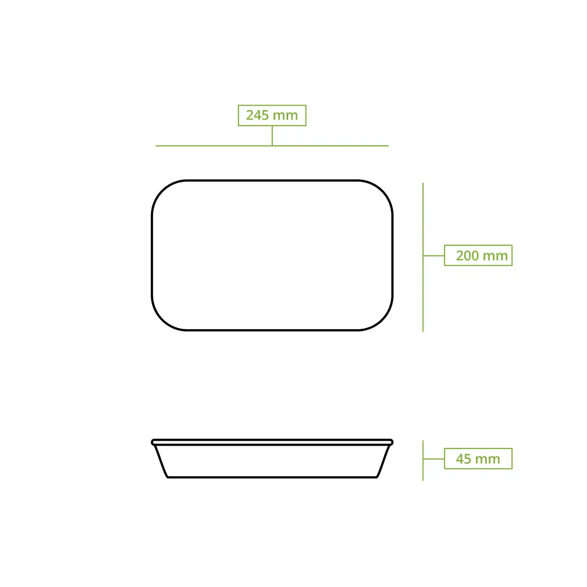Schematische tekening van een rechthoekige container met afmetingen van 245 mm lengte, 200 mm breedte en 45 mm hoogte.