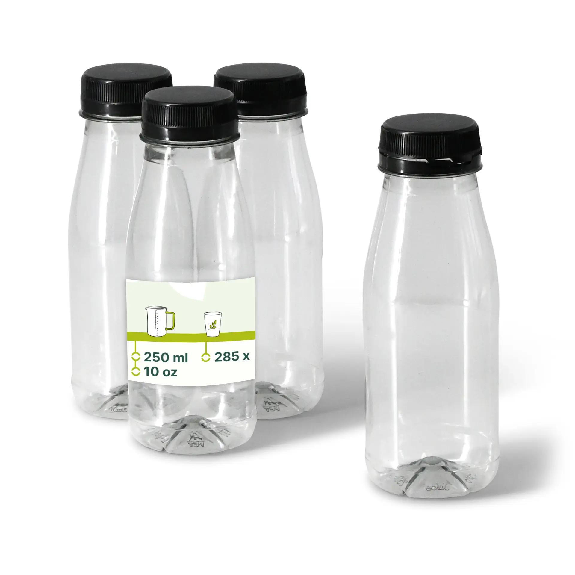 rPET flessen 250 ml / 9 oz, helder, deksel zwart rPET flessen 250 ml / 9 oz, helder, deksel zwart