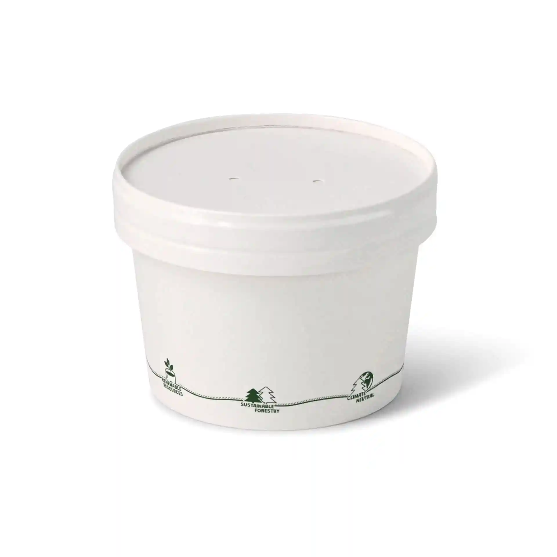 Ronde kartonnen soepcontainer met een witte buitenkant en geprinte eco-iconen, diameter 115 mm, hoogte 77 mm.