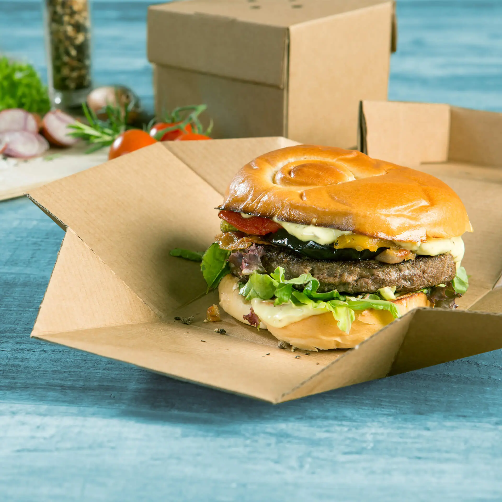 Take away burger container 13 x 13 x 10 cm, kraftkarton, inklapbaar dfc04292-burgerboxen-13-x-13-x-10-cm-kraftkarton-braun-faltbar-7