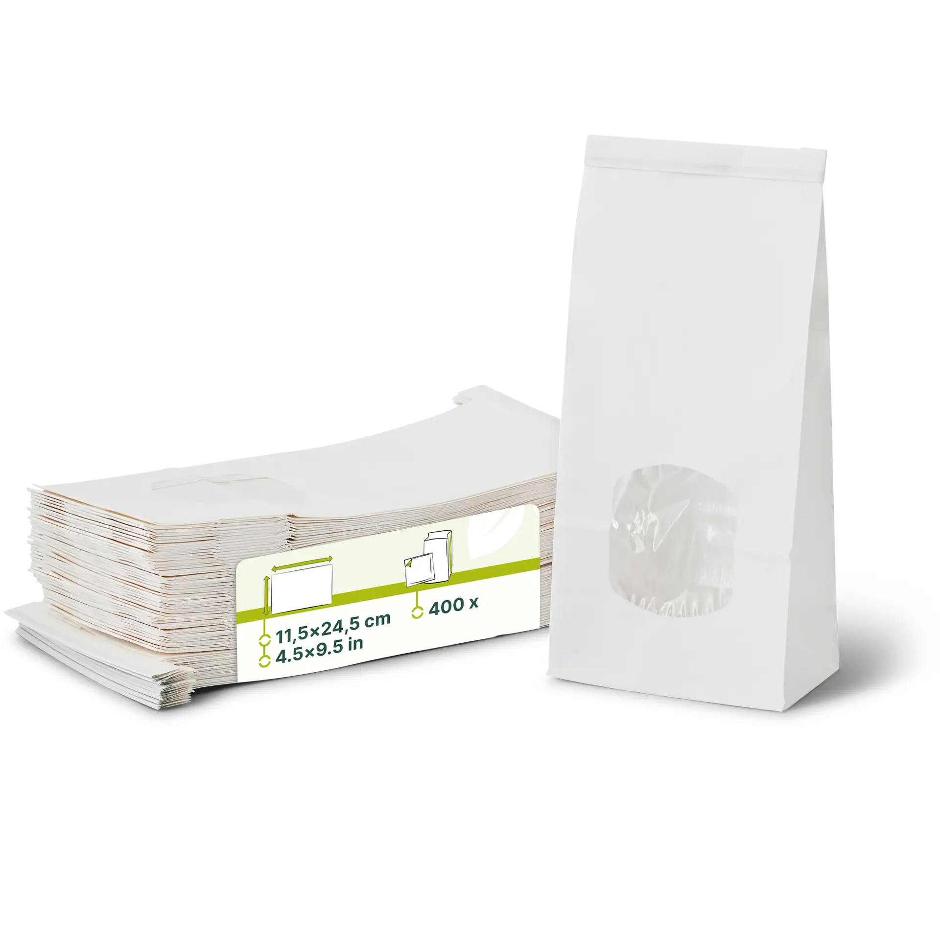 Blokbodemzakken met venster M, 11,5 x 7 x 24,5 cm, wit, clipband Blokbodemzakken met venster M, 11,5 x 7 x 24,5 cm, wit, clipband