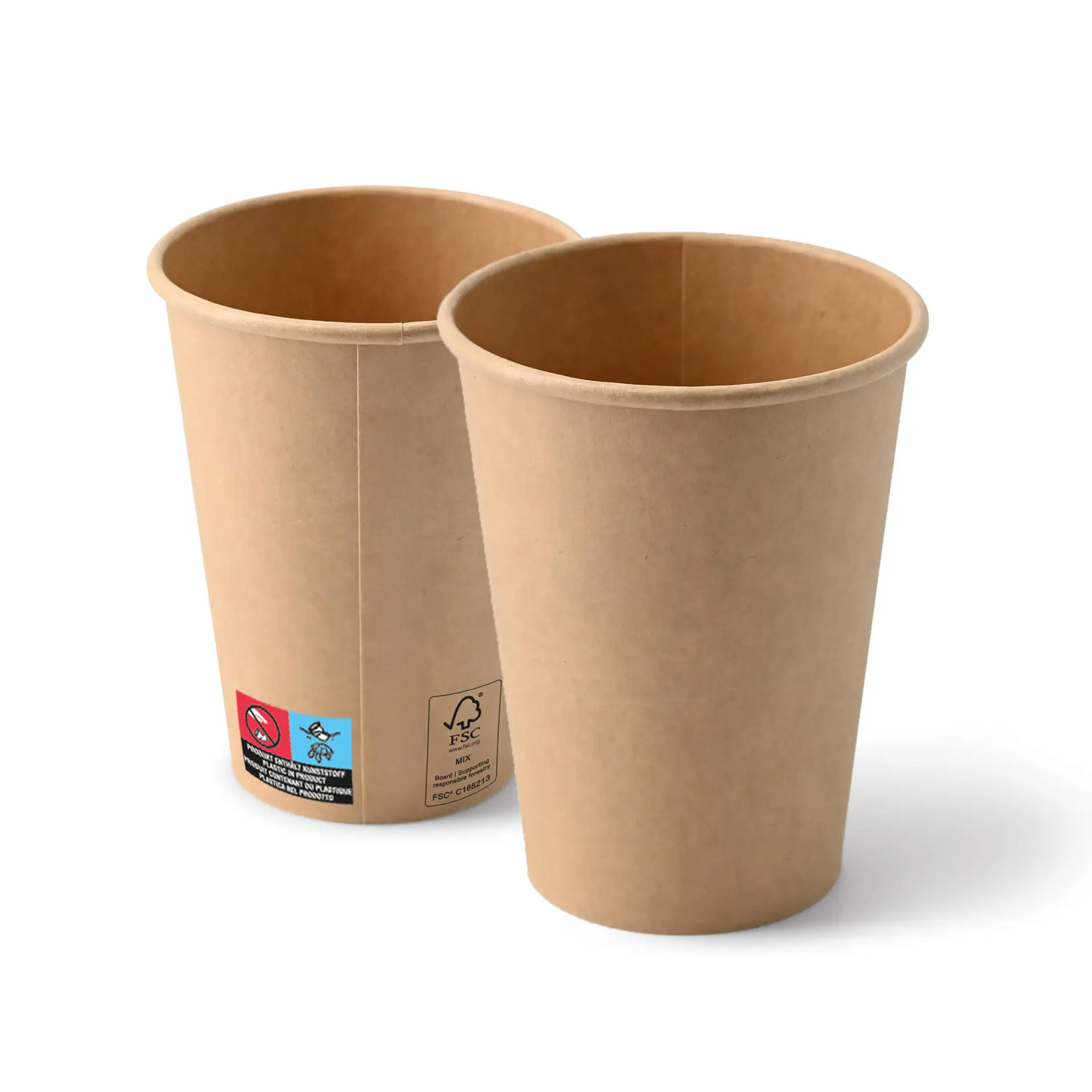Bruine 12 oz papieren bekers met een ronde vorm, met twee bekers en zichtbare etiketten op één beker.