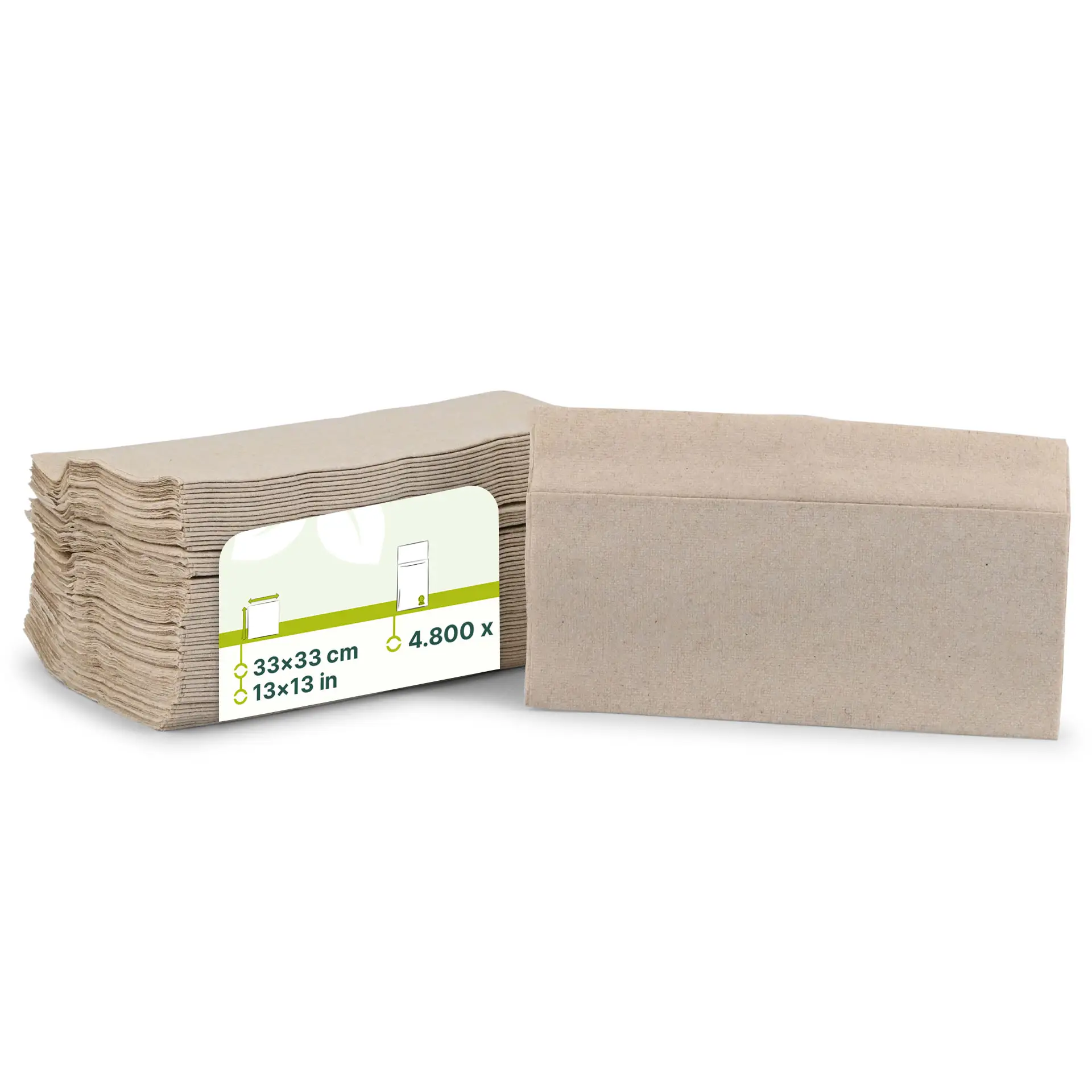 Stapeltje ongebleekte papieren servetten, 33 x 33 cm, met een label dat productdetails toont en een rechthoekige vorm.