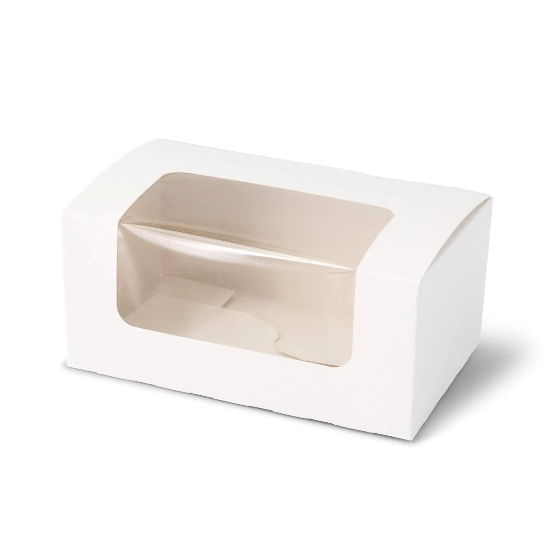 Witte 2-delige cupcake doos met cellulosevenster, geschikt voor cupcakes, muffins en andere kleine gebakken goederen.