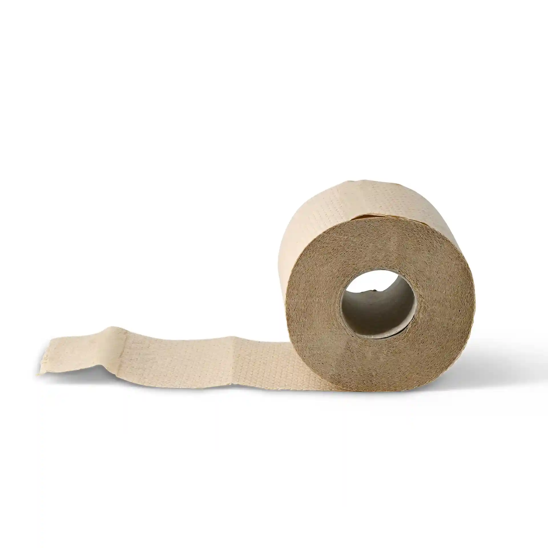 Bruine 2-laags toiletpapierrol van gerecycled papier, met 300 zichtbare en gedeeltelijk afgerolde vellen.