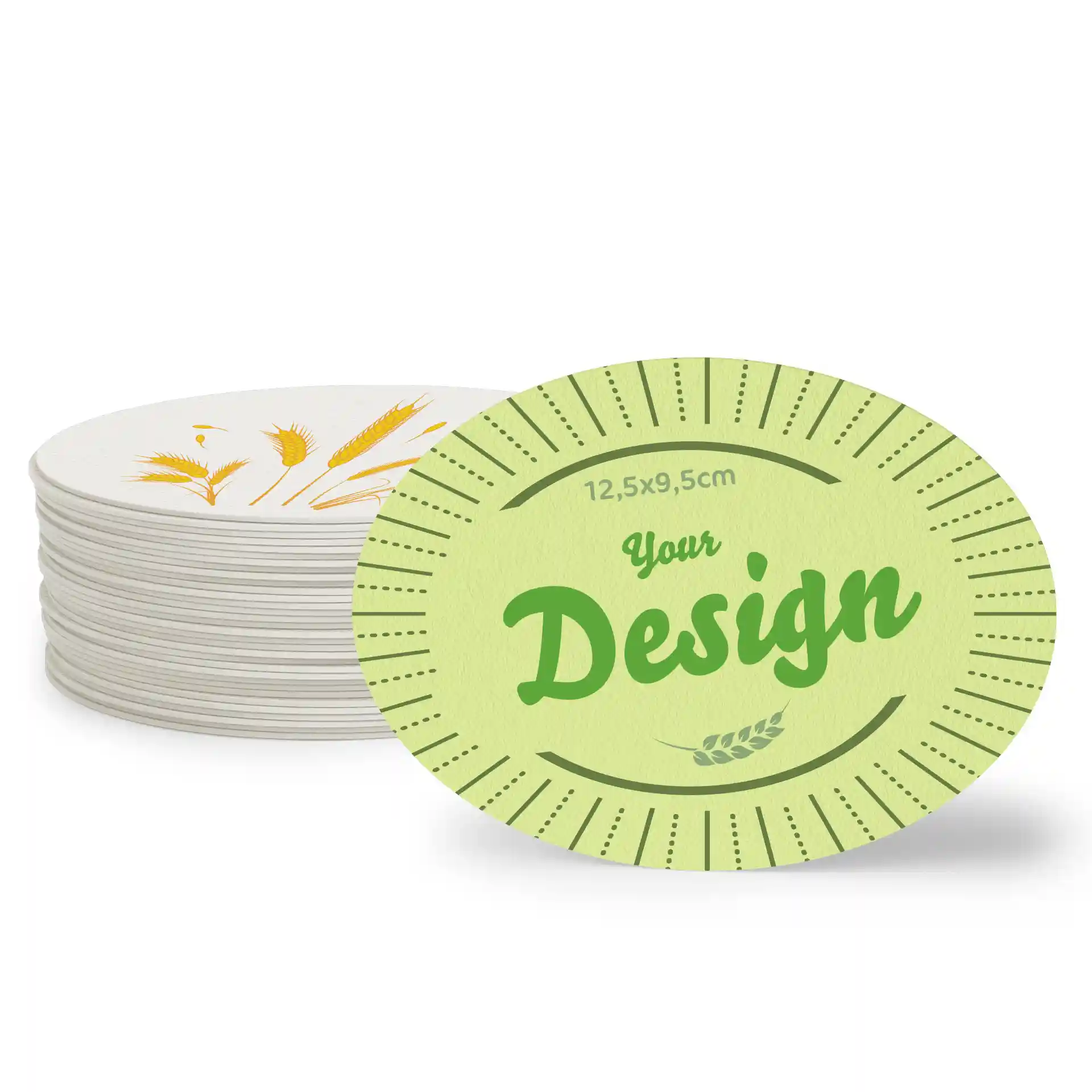 Ovale bedrukte onderzetters, 12,5 x 9,5 cm, met een stapel onderzetters en een groen ontwerp met tekst en tarwe-illustraties.