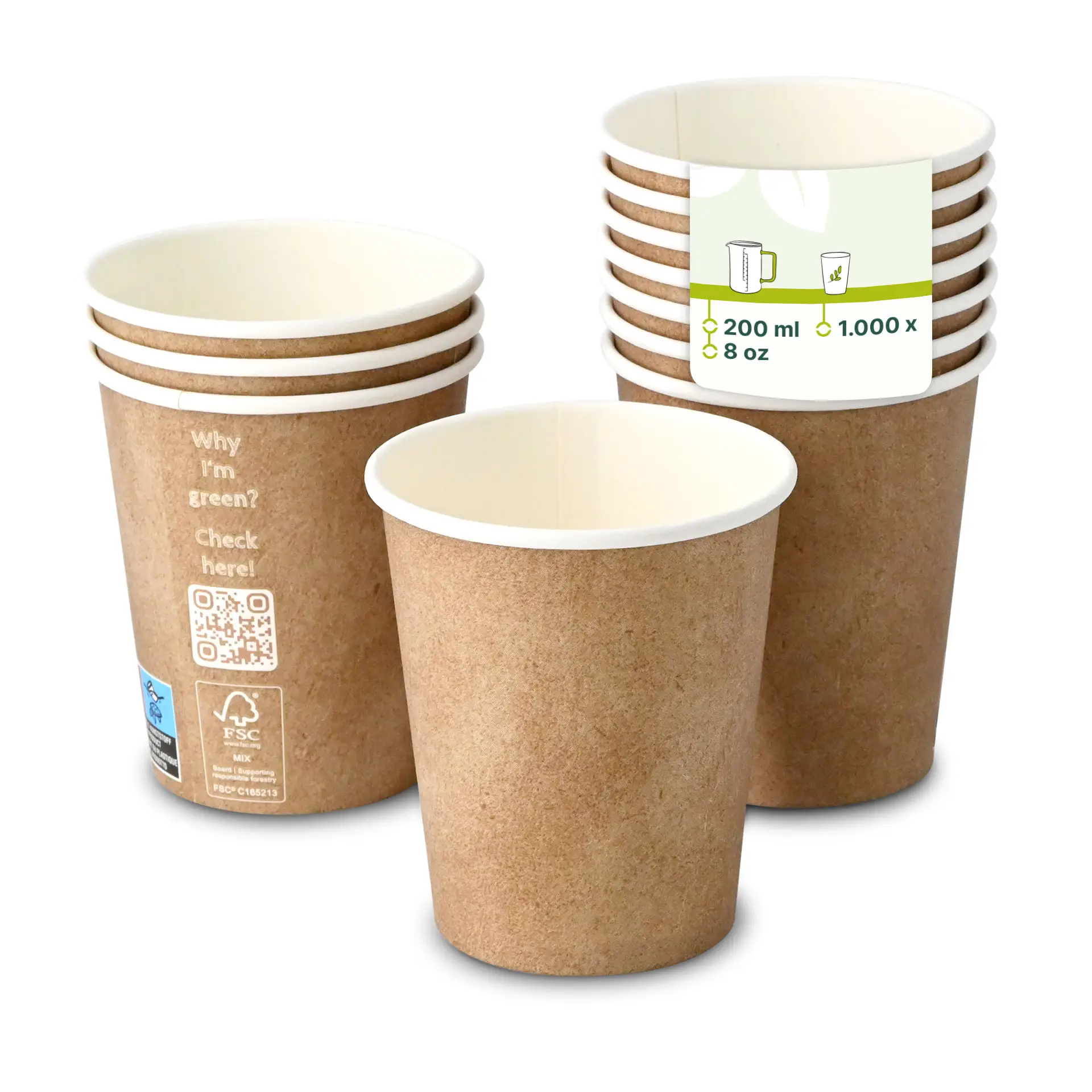 Bekers van karton 200 ml / 8 oz, Ø 80 mm, enkelwandig, bruin / binnen wit, met PLA-coating