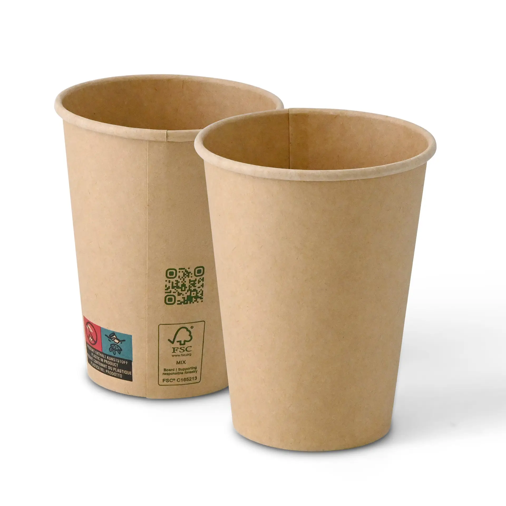 Bruine papieren bekers, 300 ml capaciteit, enkele wand, met een diameter van 90 mm, vanuit verschillende hoeken getoond.