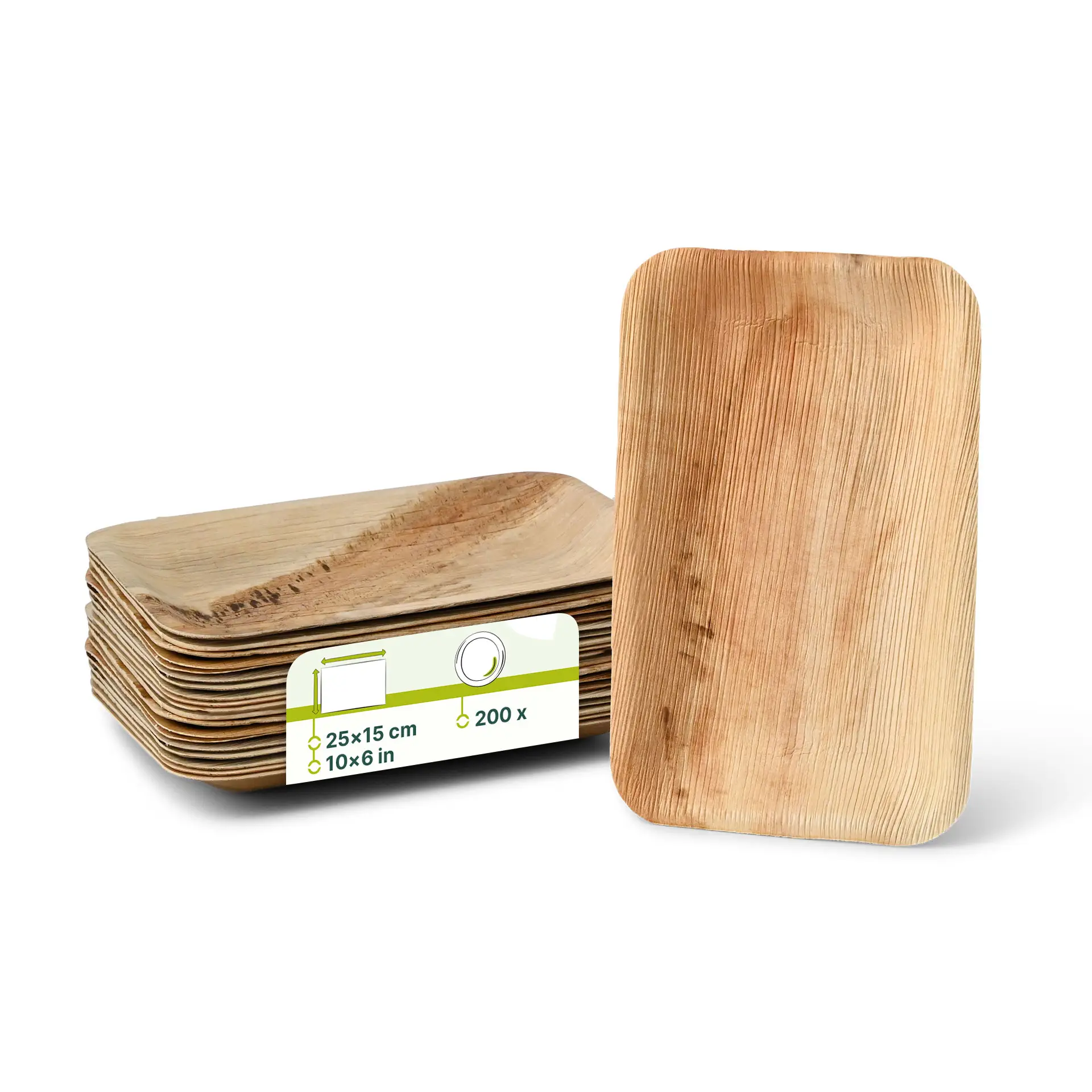 Stapeltje palmblad wegwerpplaten, rechthoekig, 25 x 15 cm, met één plaat rechtop weergegeven.