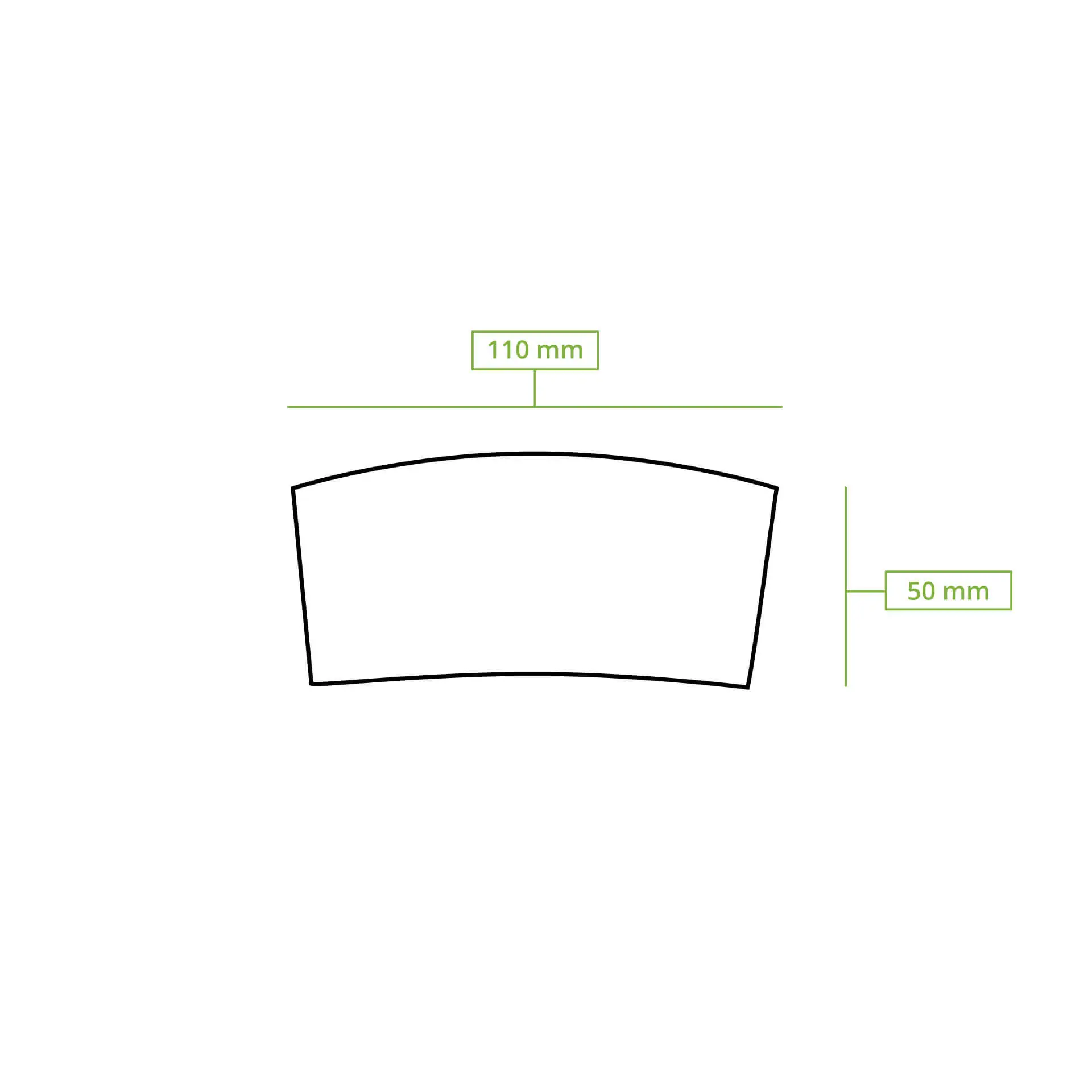 Schematische tekening van een bekerhuls met afmetingen van 110 mm breed en 50 mm hoog.