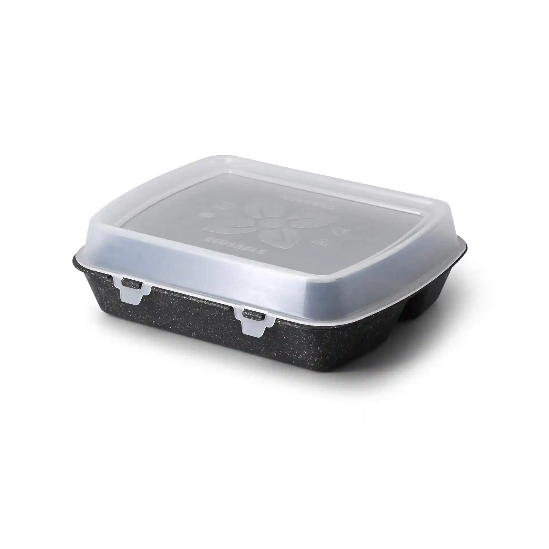 Transparante herbruikbare voedselcontainer met een zwarte basis en een doorzichtig deksel, 24,5 x 20 x 4,5 cm.