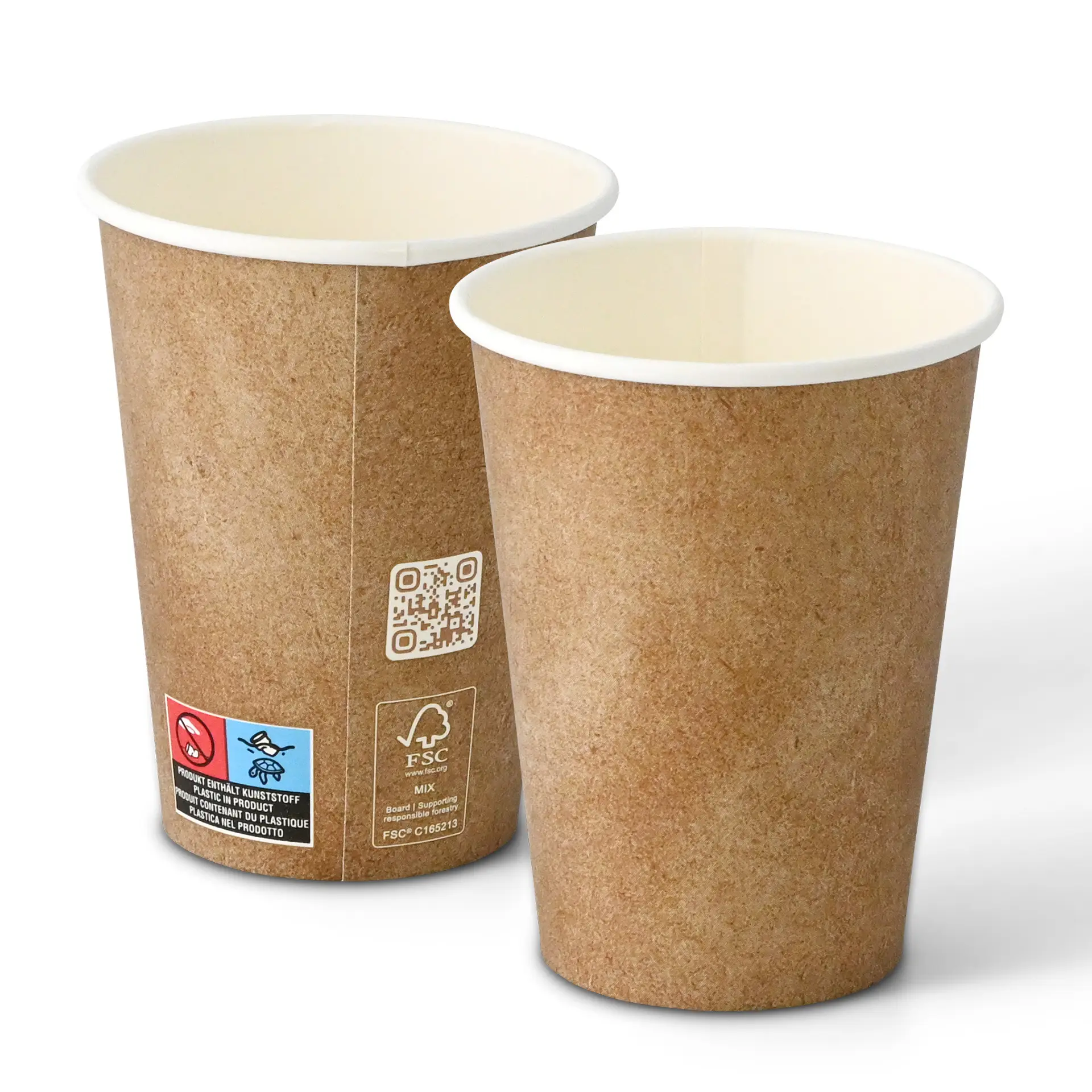 Bruine papieren beker met witte binnenkant, 300 ml capaciteit, enkele wand, diameter van 90 mm.