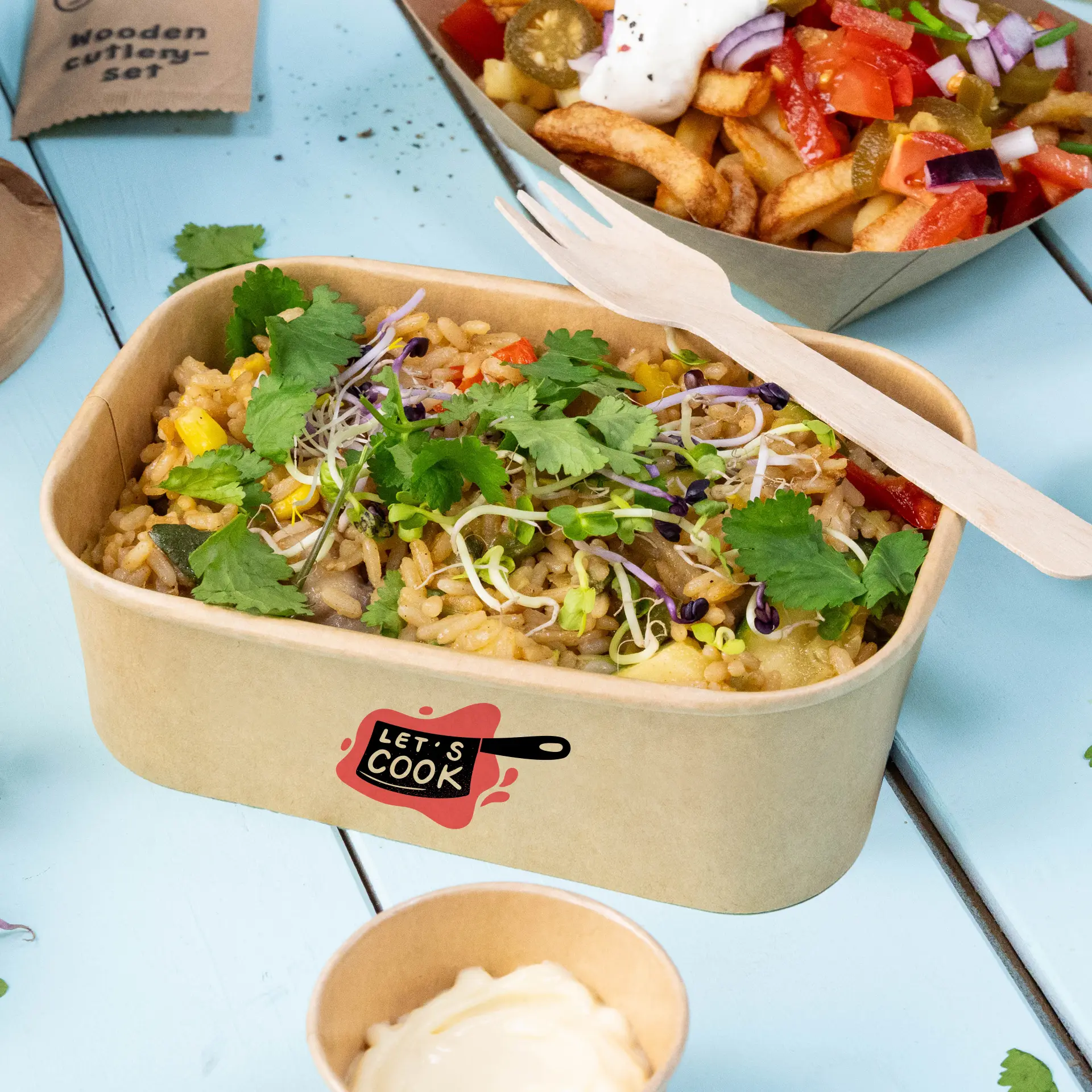 Bedrukte saladebakjes (rechthoekig), 750 ml / 30 oz, bruin, PE-coating