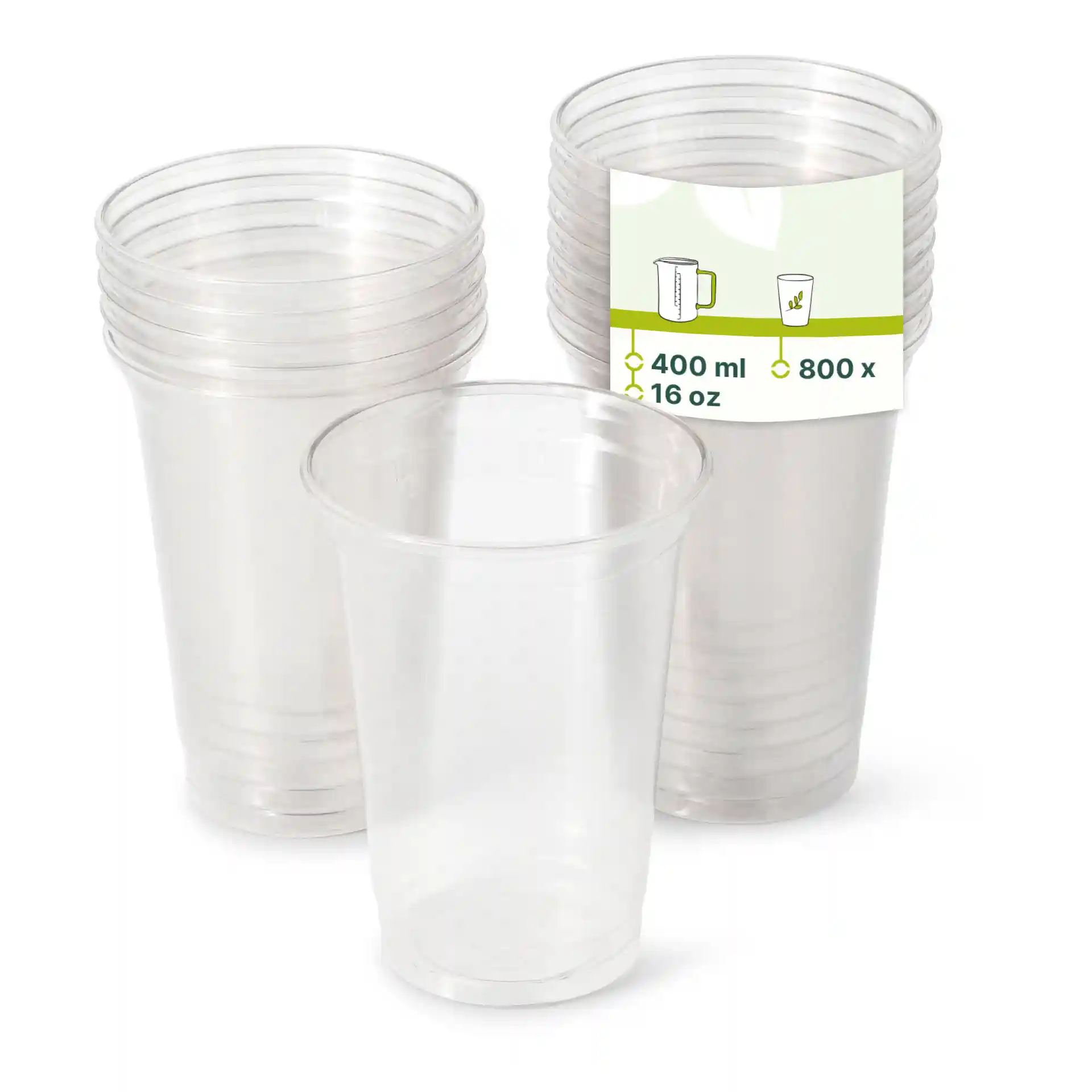 Transparante 16 oz rPET heldere bekers gestapeld met een label dat capaciteit en hoeveelheid toont.