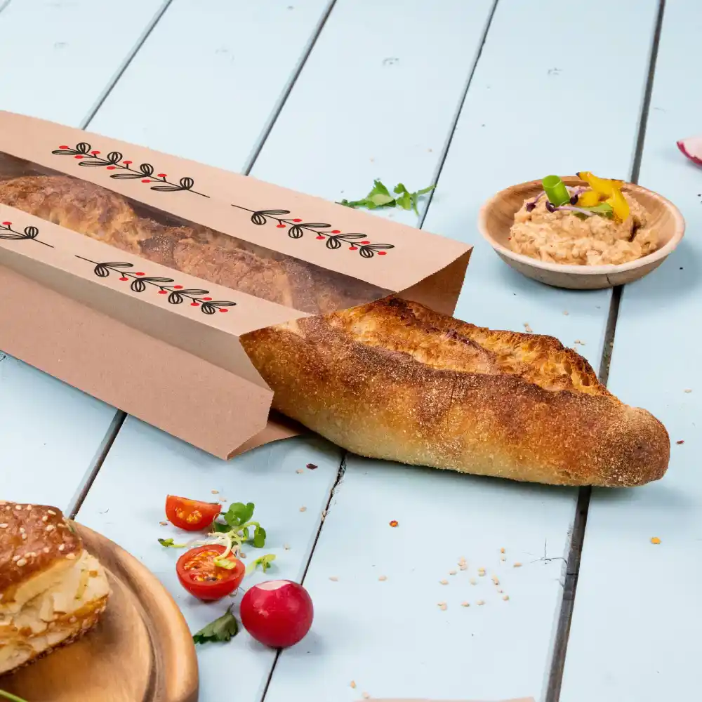 Baguette in een bedrukte papieren tas met cherrytomaten en een schaaltje met smeersel op een blauwe houten ondergrond.