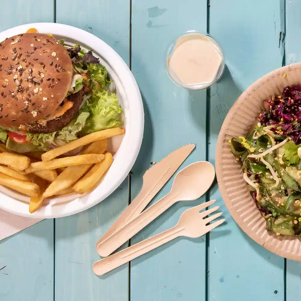 Een bord met een burger, frietjes en een bijsalade, vergezeld van wegwerp houten bestek en een klein bekertje dressing.