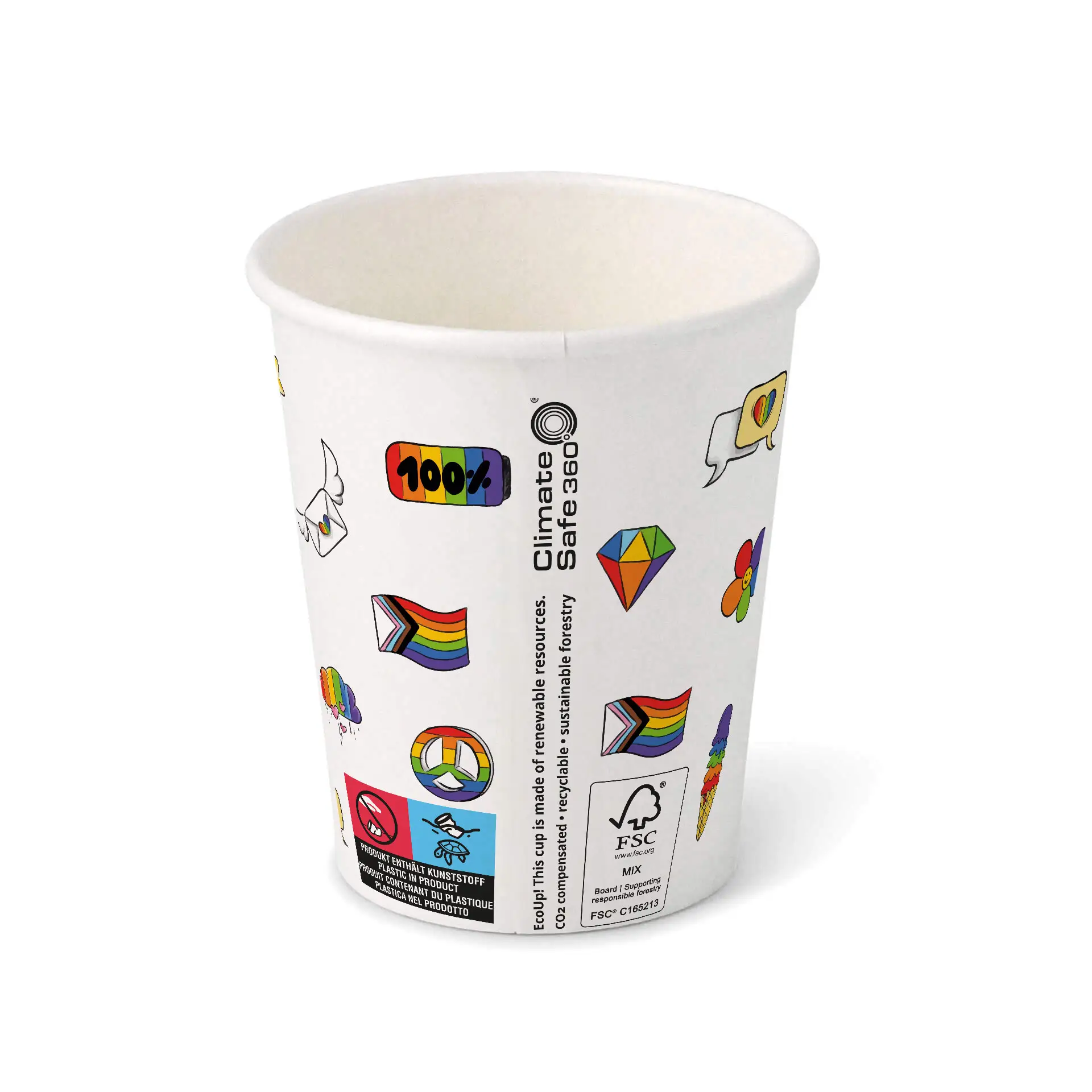 Kartonnen beker bedrukt "Pride" (gelaagd) 200 ml / 8 oz, Ø 80 mm, wit