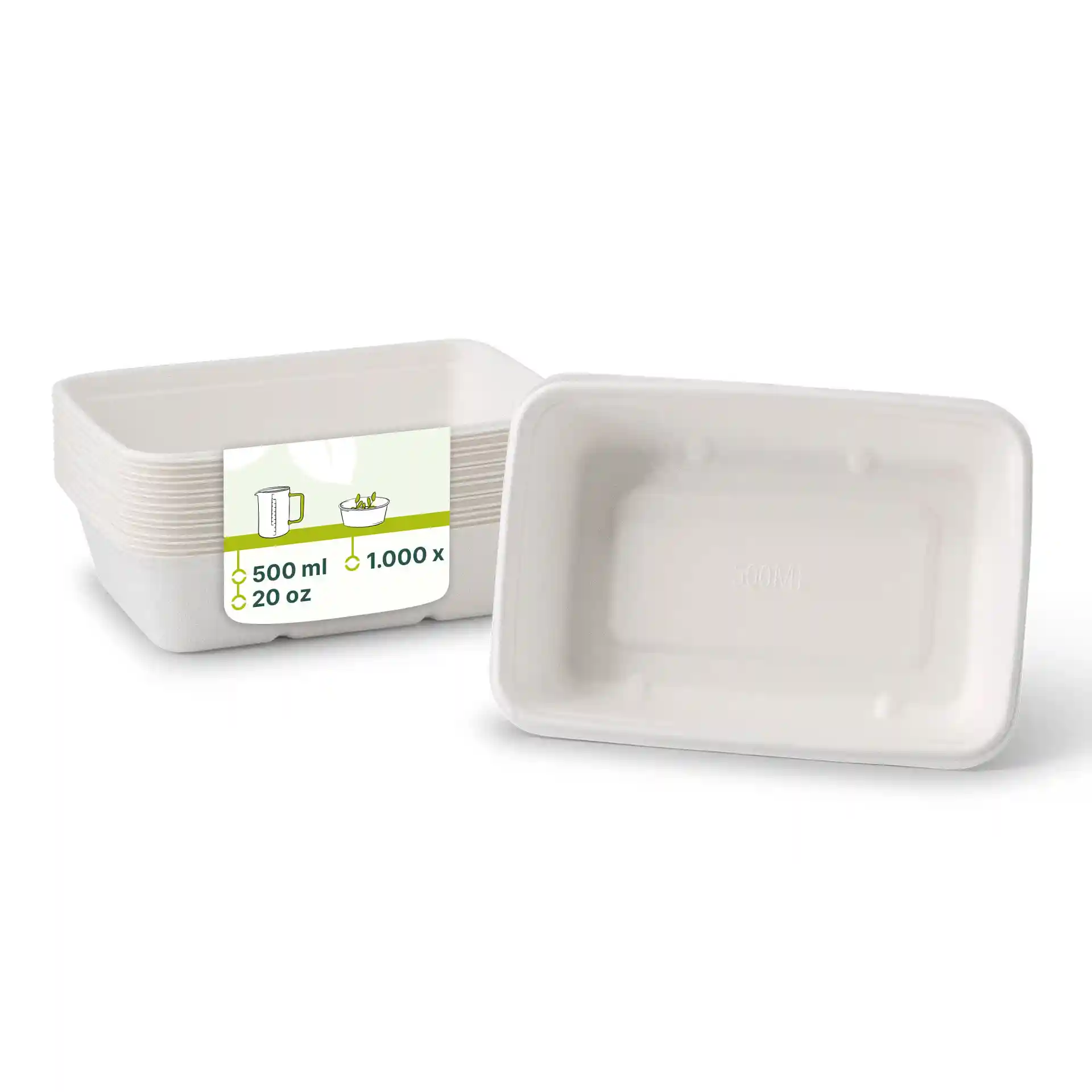 Witte rechthoekige suikerrietkommen, 17 x 12 x 5 cm, met een inhoud van 500 ml, gestapeld met een label.