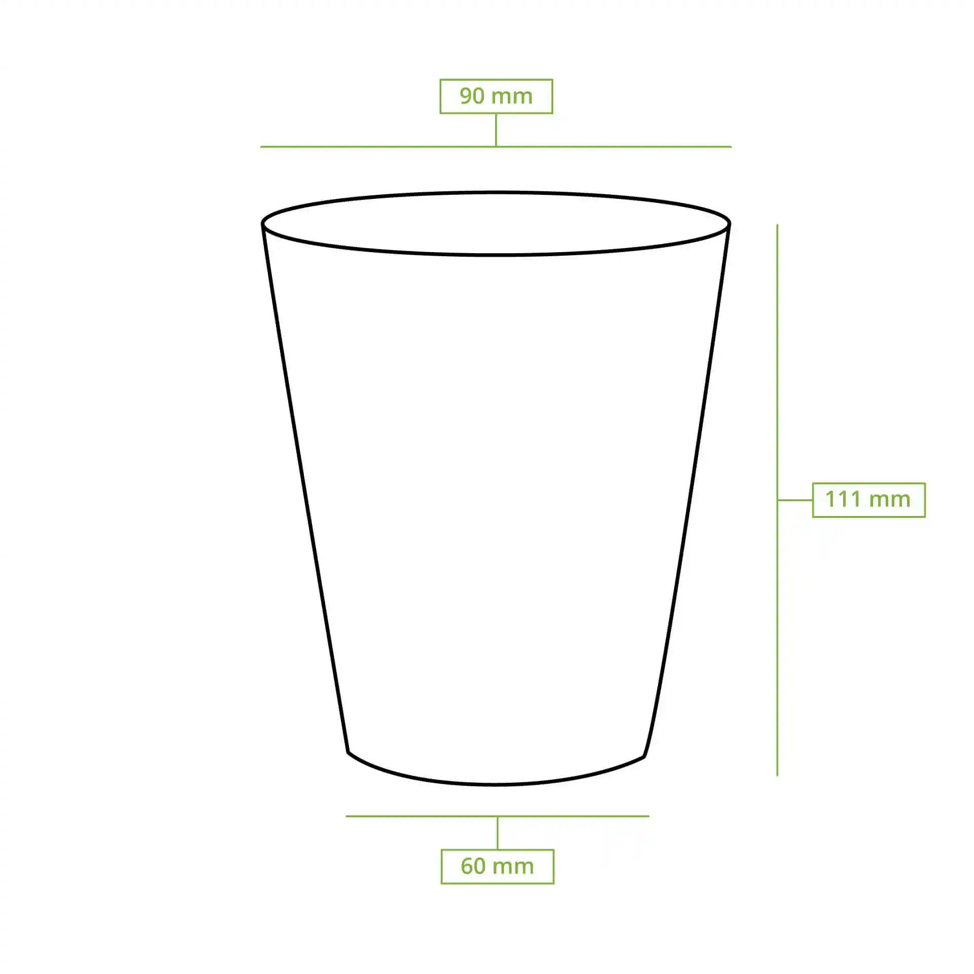 Schematische tekening van een papieren beker met afmetingen: hoogte 112 mm, bovenste diameter 90 mm, onderste diameter 60 mm.