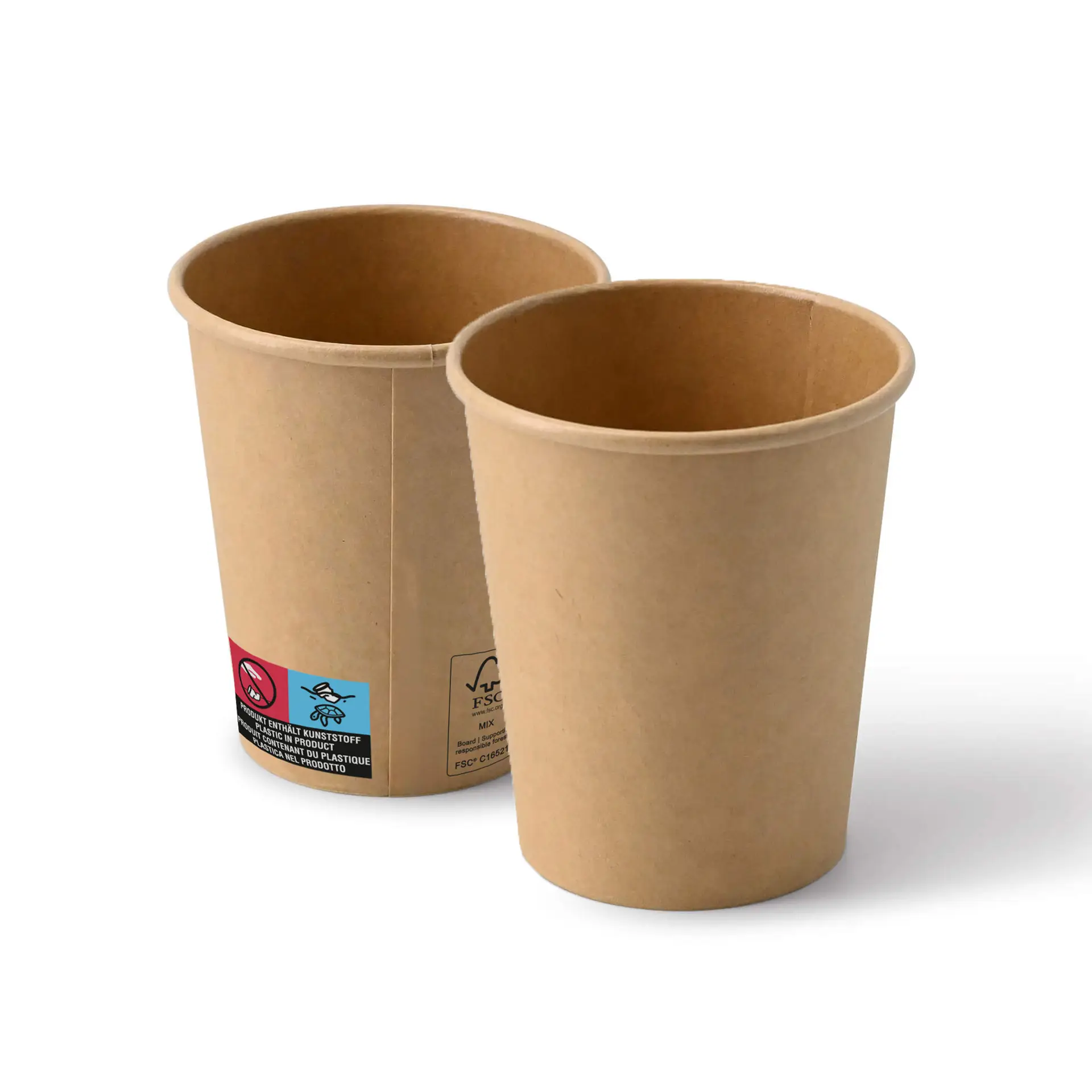 Bruine papieren bekers, 8 oz, met PE-coating; twee bekers weergegeven, één iets achter de ander met een label.